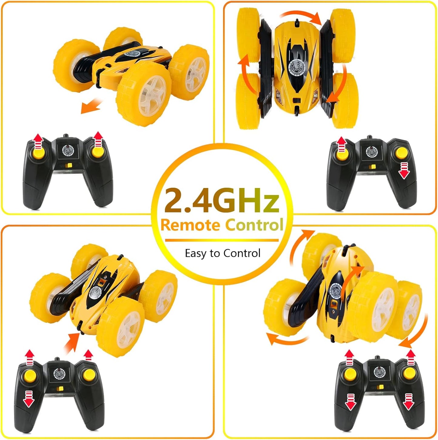 FREE TO FLY Remote Control Car for Boys 6-12: Kids Rc Stunt Car 2.4GHz Fast Race Car with Lights 4WD 360°Rotating RC Cars Toy Gifts Presents for Boys Girls Age 6 7 8 9 10 11 Year Old Yellow