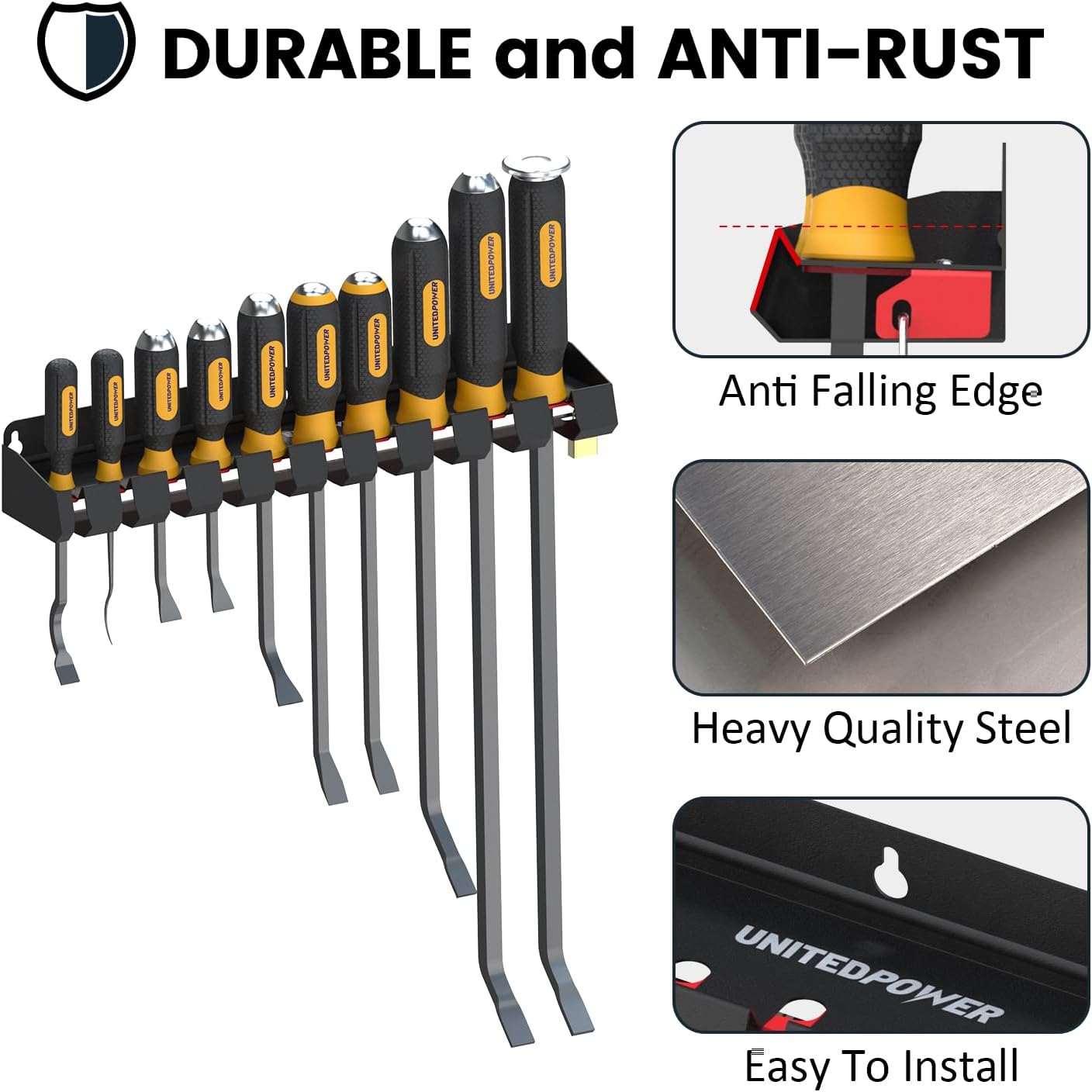UNITEDPOWER Pry Bar Holder, Lockable Wall Mount Storage Rack Organizer for Workshop, Shed, Garage, Home, Stores up to 10 13 Tools or Extensions