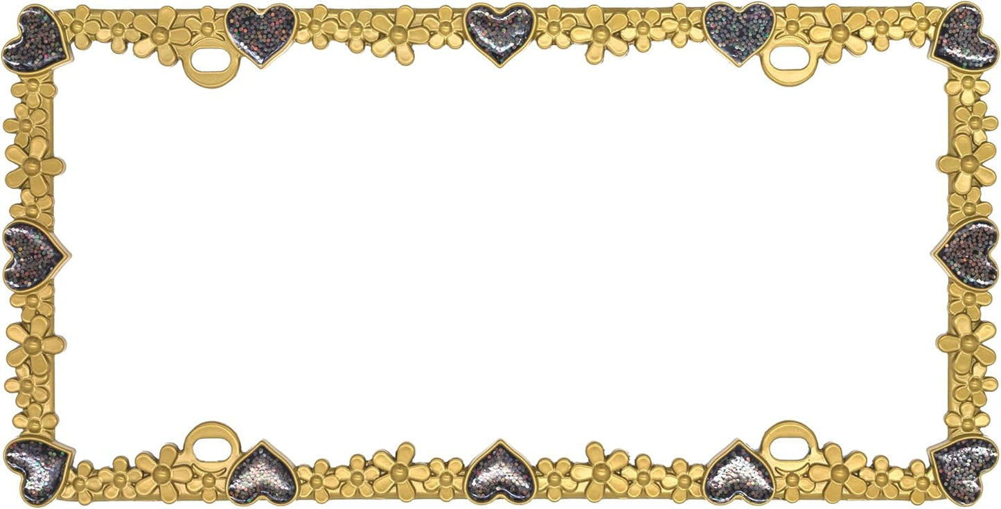 Creathome 3D Shining Daisy Heart License Plate Frame from Pure Zinc Alloy Metal Perfect Plate Holder, Matt Gold with Black Glitter, Luminously Heart