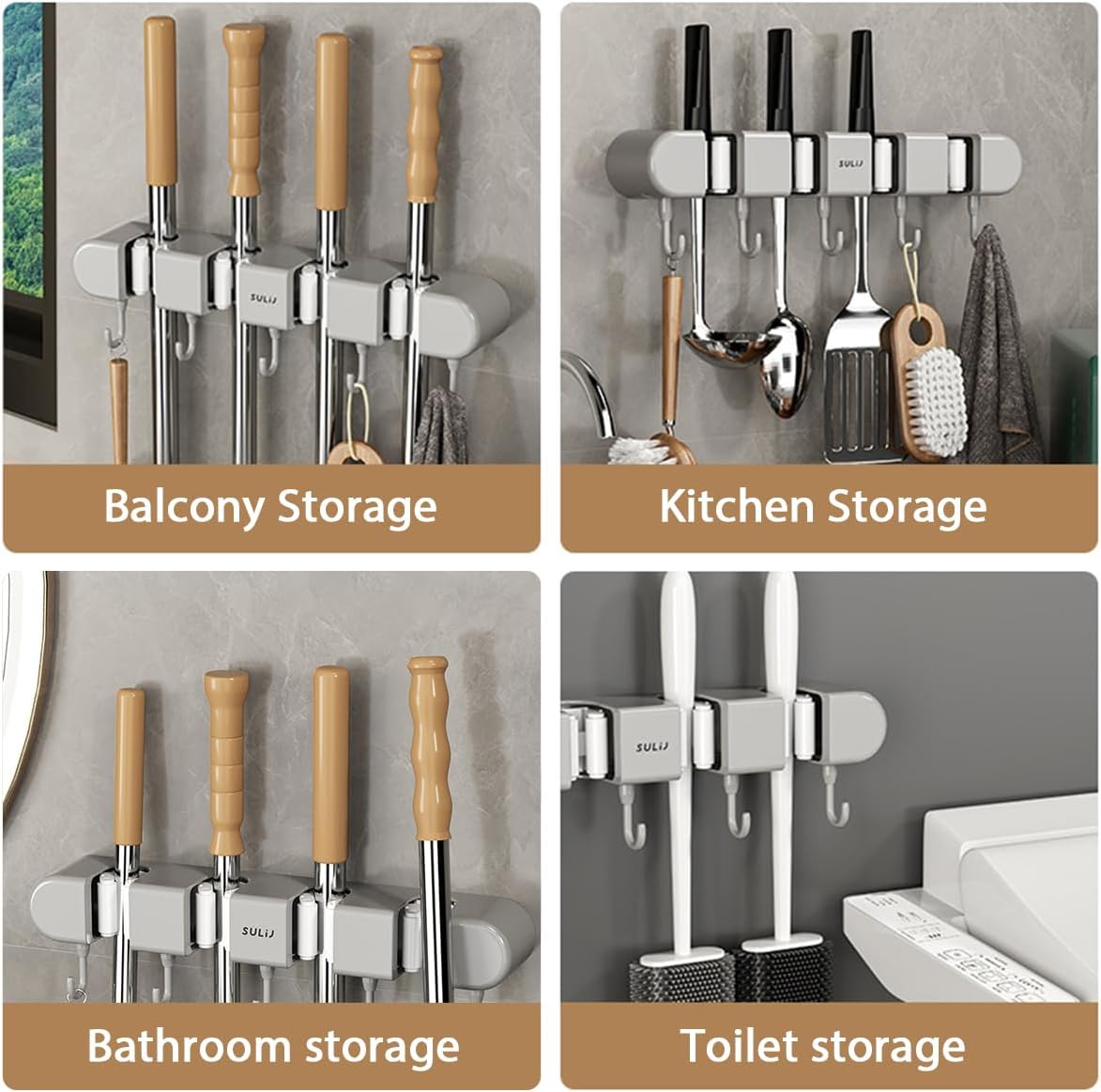 3PCS Broom Mop Holder with Hooks Wall Mounted Broom Storage Rack No Drilling Self-Adhesive Mop Broom Organizer Mop Holder Hanger for Bathroom Office Kitchen Closet Garage,Grey (3)