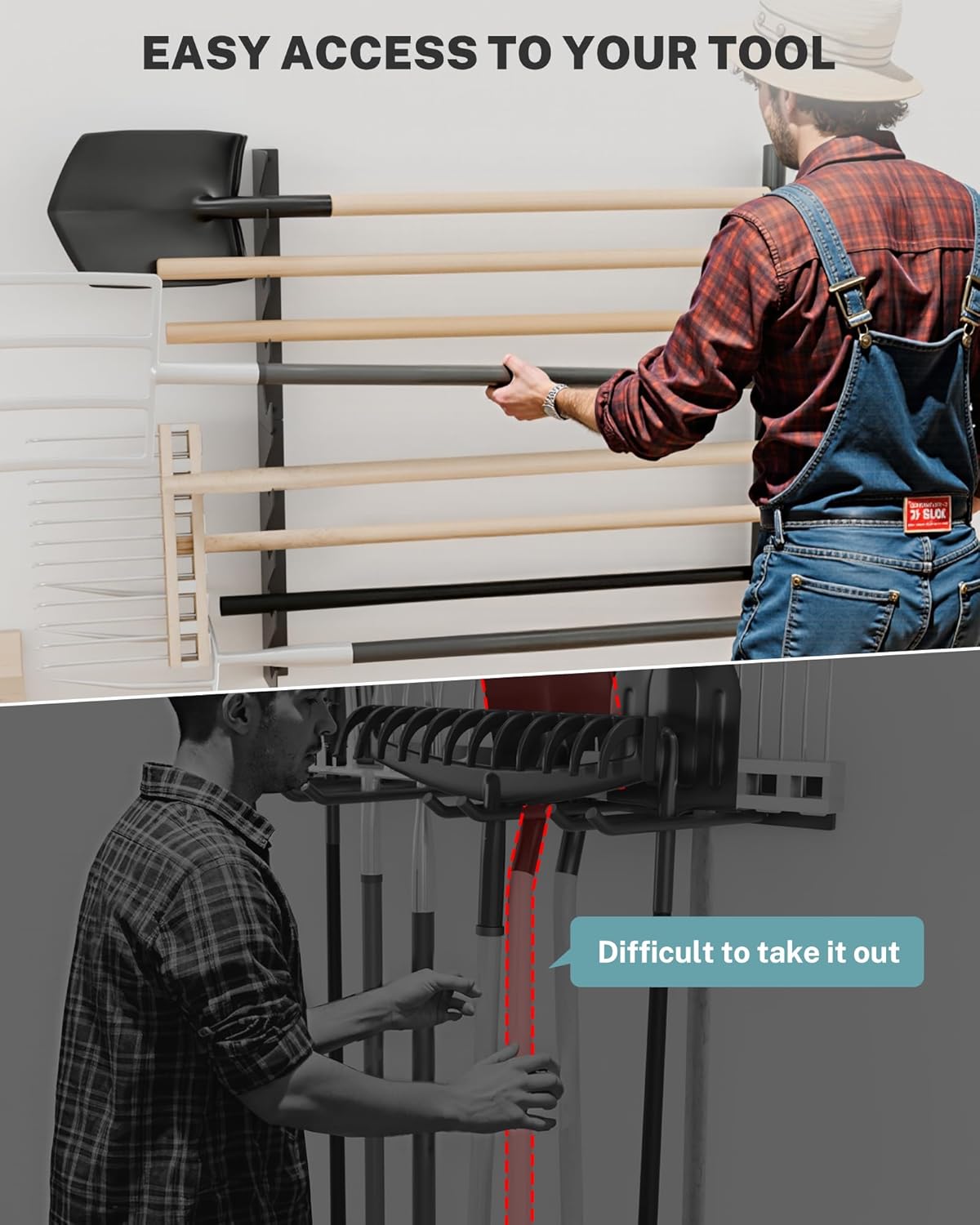 Garage Tool Organizer Wall Mount, Shed Yard Tool Organizer for Garage, Horizontal Organization Tool Racks for Walls, Shovels and Rakes, 3FT