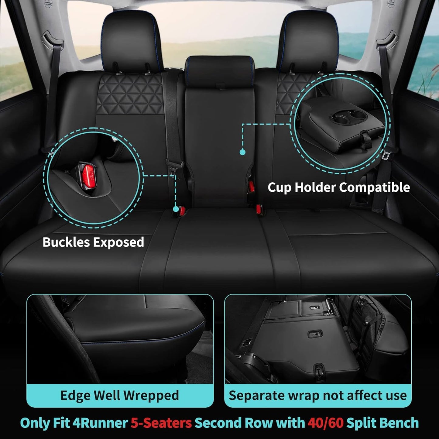 Seat Covers for Toyota 4Runner 2011-2024, Faux Leather Car Seat Cover Full Set, 2-Row-Only for 5 Seats Version-BlackBlue