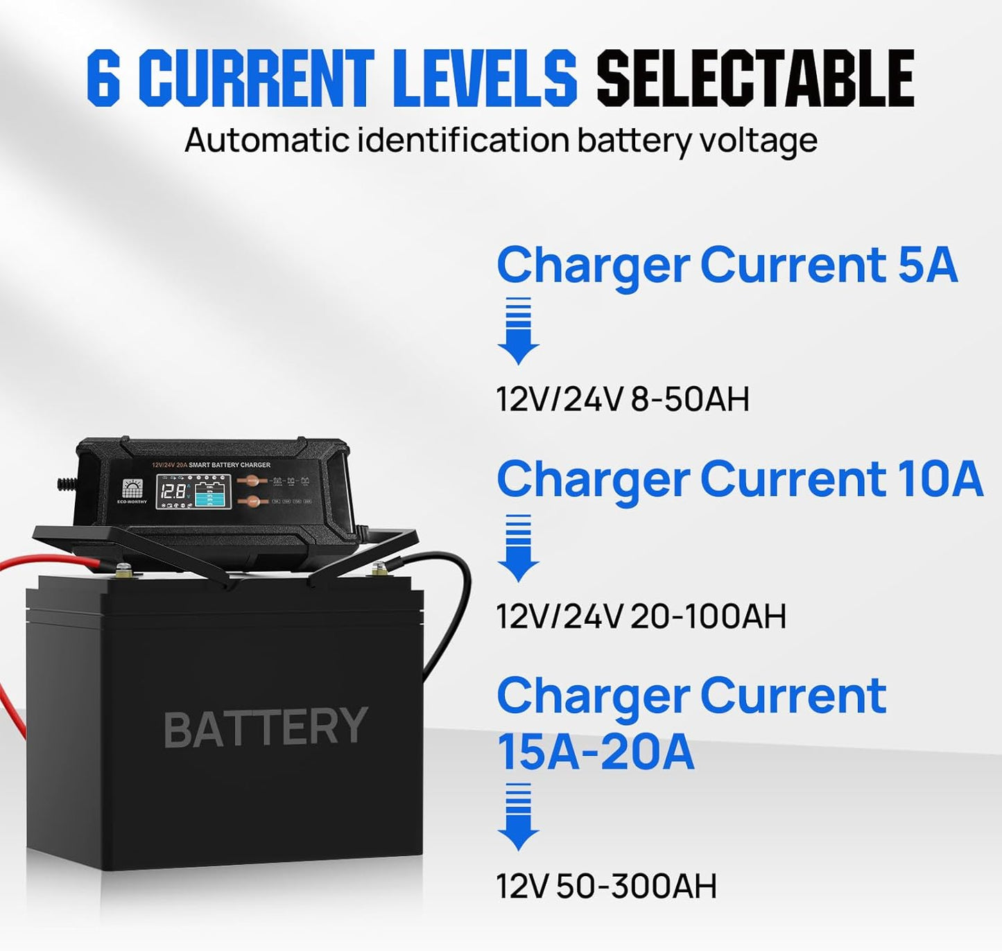 ECO-Worthy 12V/24V 20A Smart Battery Charger Maintainer, Auto Voltage Detect for LiFePO4 Lead-Acid with Multi-Current Options 5A/10A/15A/20A, Trickle Charger for Car Truck Motorcycle Lawn Mower