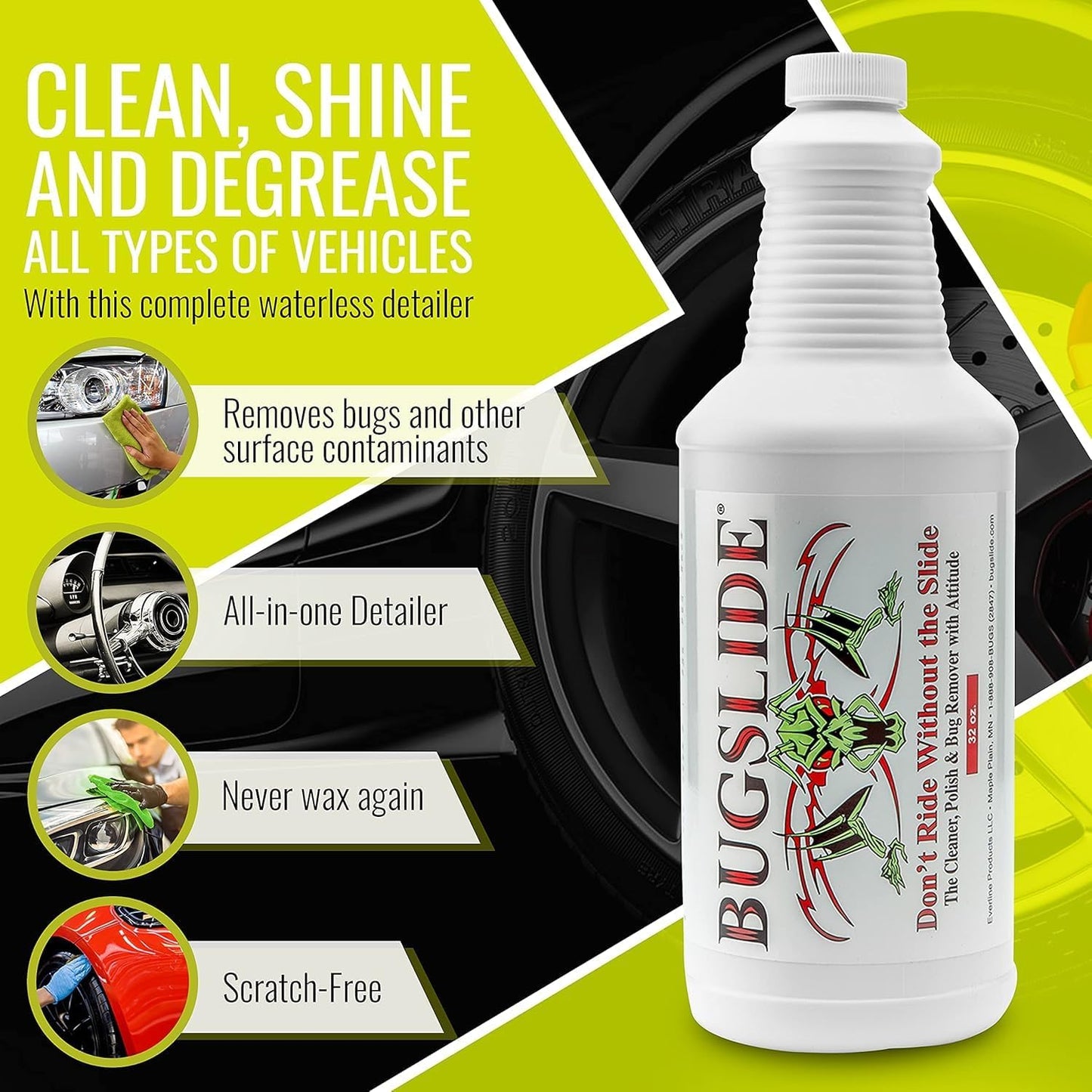 BugSlide Bug Remover Spray – All Purpose Car Cleaner & Detailer, For Vehicle Interior & Exterior Use, Shines, Degreases, Polishes, Wipes Away Bugs on Plastic, Metal,Glass, Windows, Mirrors, 16 oz