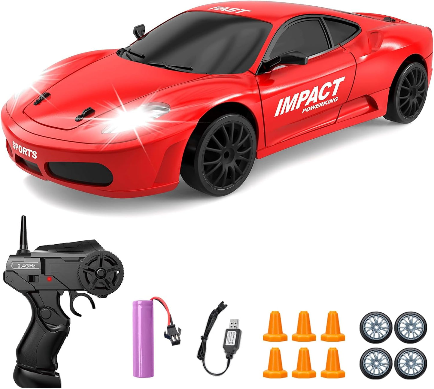 RC Drift Car, 2.4GHz Remote Control Cars 1/24 4WD High Speed Drift Car with LED Lights and Dritfing Tires Vehicle Racing Toy Cars for Boys Girls Adults Kids (Red)