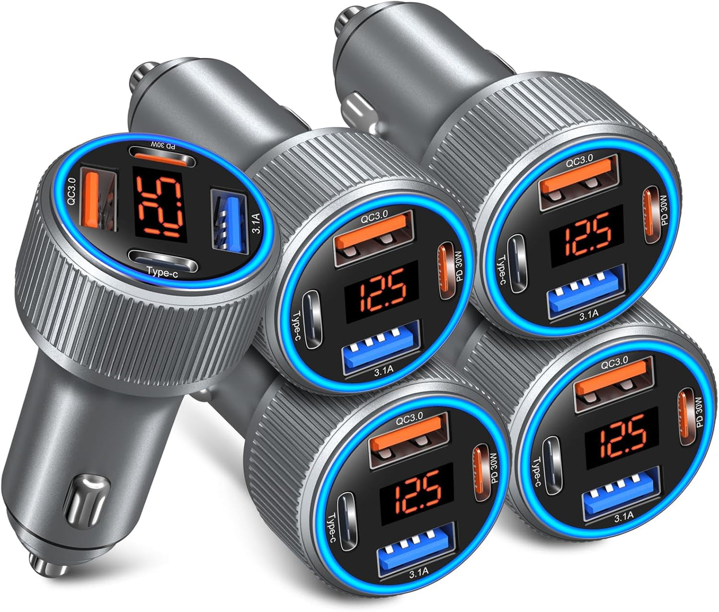 USB C Car Charger 5 Pack, 65W Dual 12V USB C & USB A Car Charger with Voltage Display Multi Port PD/QC 3.0 Fast Charge Cigarette Lighter Adapter for iPhone 16/15/14/13 Pro,Galaxy S25,Android(Grey)