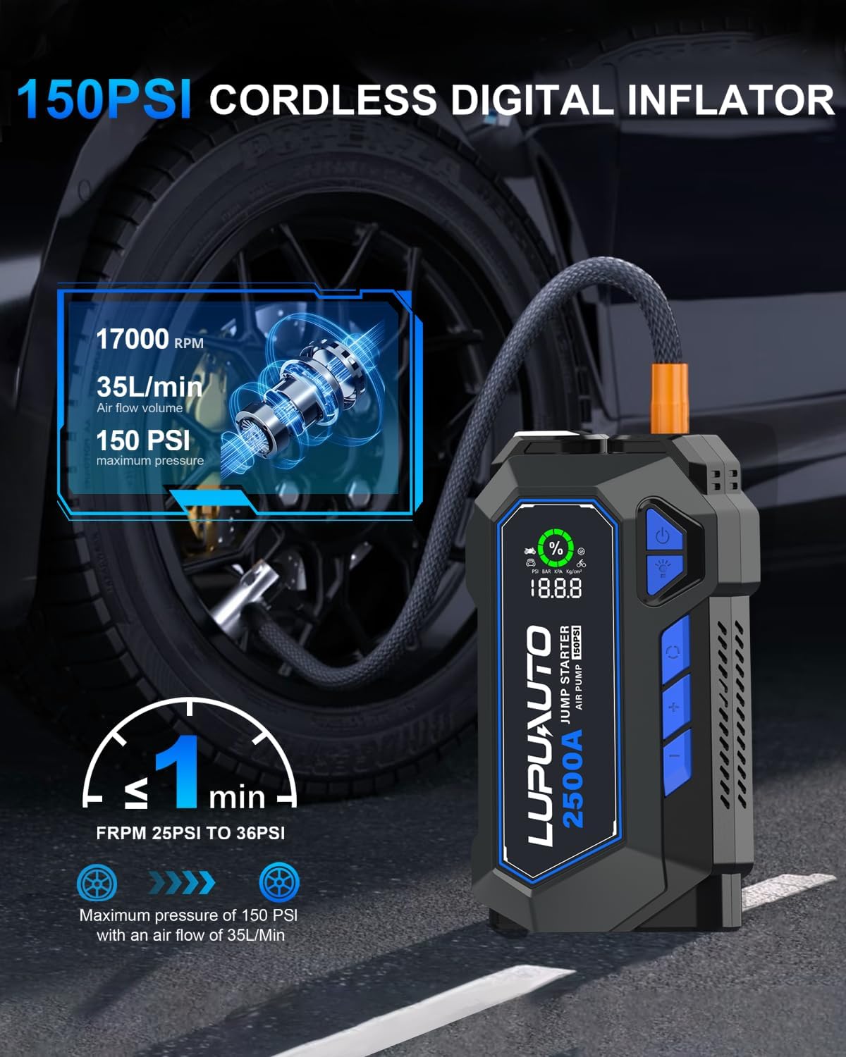 2500A Portable Jump Starter, Car Battery Jump Starter with Air Compressor, USB-C Power Bank Charger, Jumper Cables for up to 7.5-Liter Gas and 5.0-Liter Diesel Engines