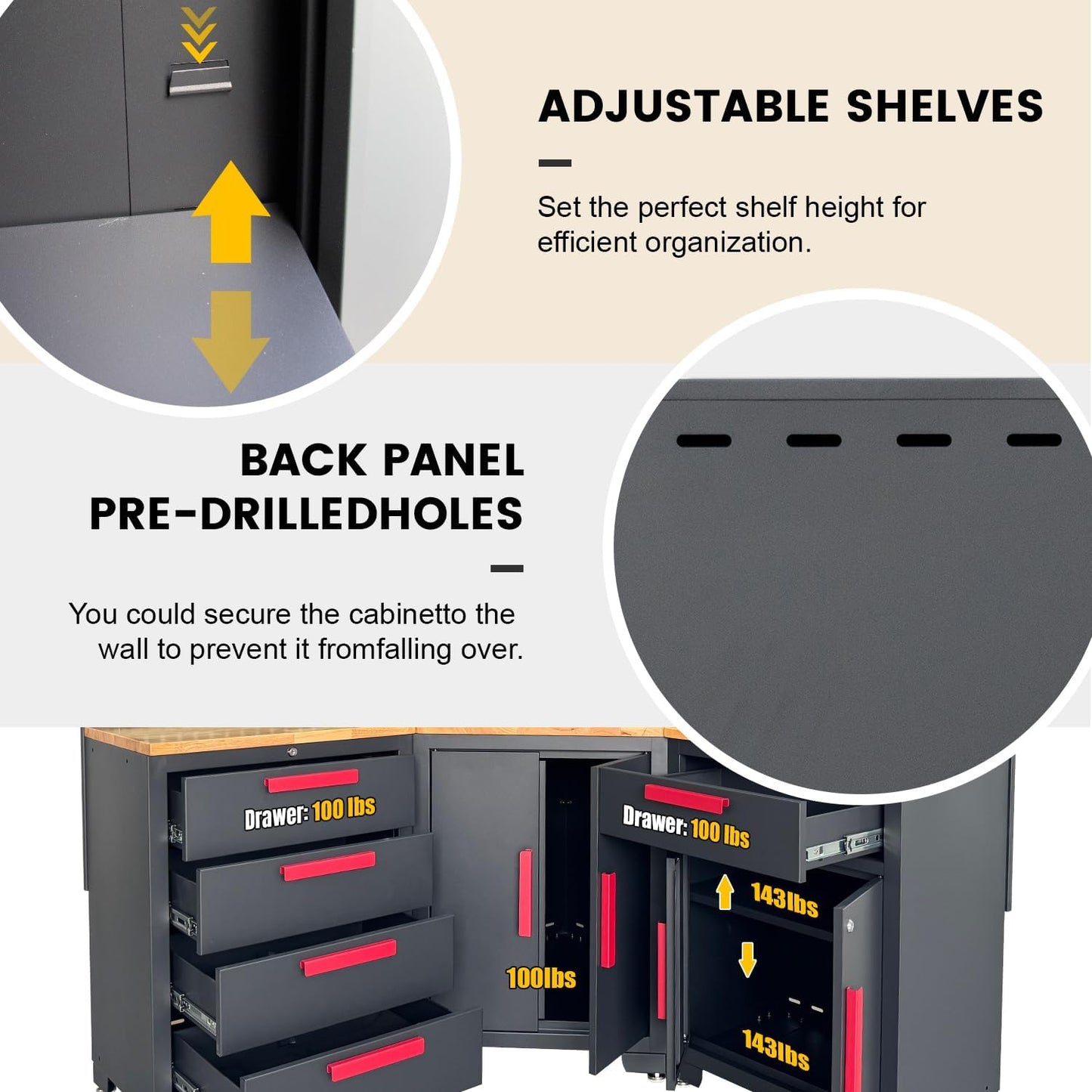 Red Garage Cabinet Storage System 10-Pcs Corner Workshop Set Garage Cabinet and Storage System for Tool Organization