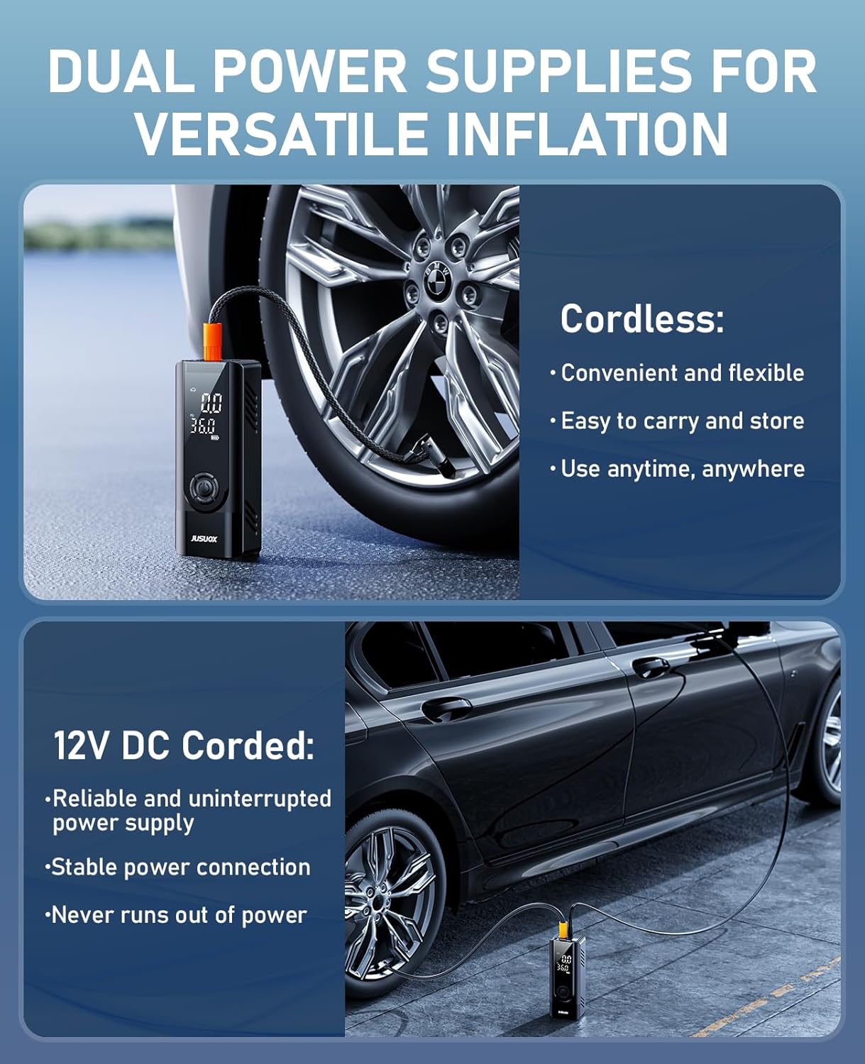 Tire Inflator Portable Air Compressor, 150PSI Cordless Air Pump for Car Tires, Battery & 12V DC Dual Power Electric Bike Tire Pump with Digital Pressure Gauge, LED Light, for Motorcycle, Ball