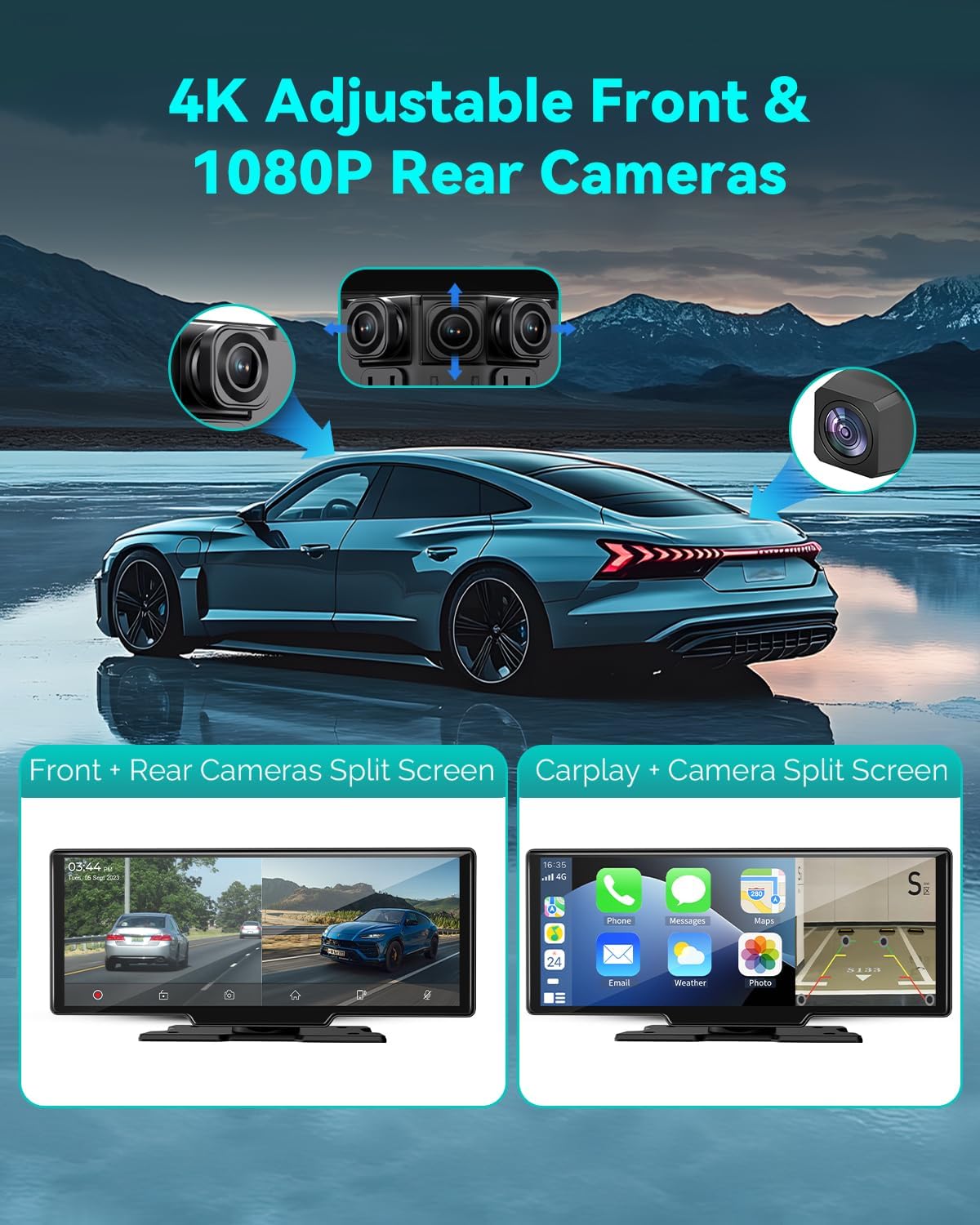 Wireless Carplay Screen for Car, 10.26" Android Auto Screen Compatible with A-pple Carplay, 4K Front & 1080P Rear Cameras Loop Recording, FM, AUX, BT, MirrorLink, Voice Control, Navigation for iOS 10+