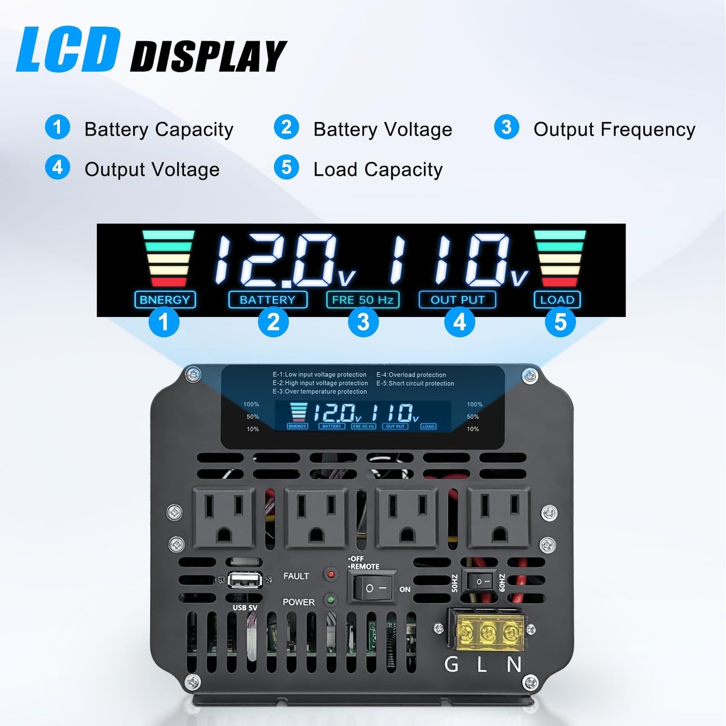 LVYUAN 5000 Watt Power Inverter 12V to 110V 120V for Vehicle, Solar Inverter System, Heavy Duty, RV, Truck, Off Grid,Camping with 4 AC Outlets, LCD Display, Wireless Remote Control, Car Power Inverter