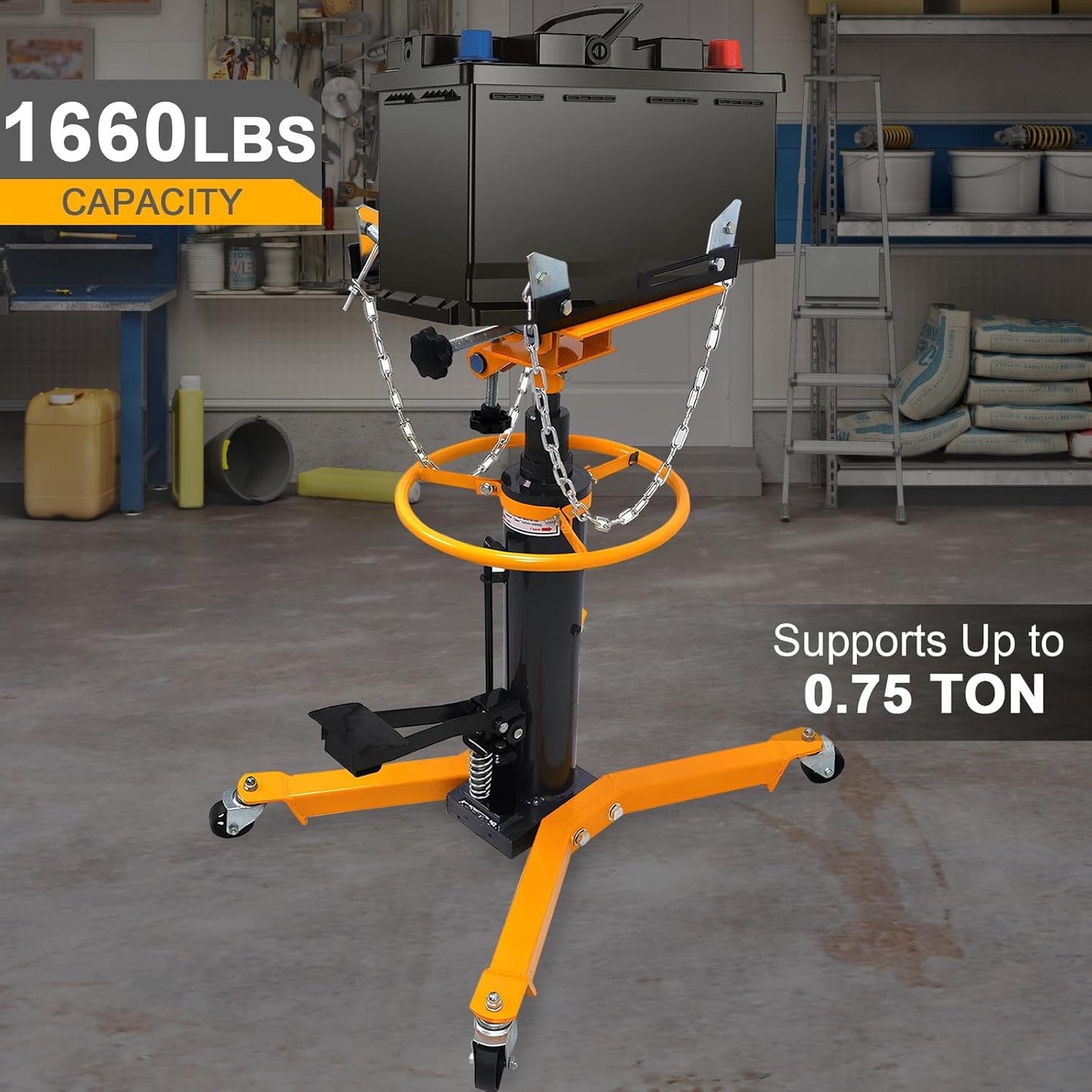 Transmission Jack 1660 lbs/ 0.75 Ton Capacity Hydraulic Telescopic Transmission Jack 34" - 68" Adjustable Height Telescoping Transmission Hydraulic with 360° Swivel Wheels Lift Hoist