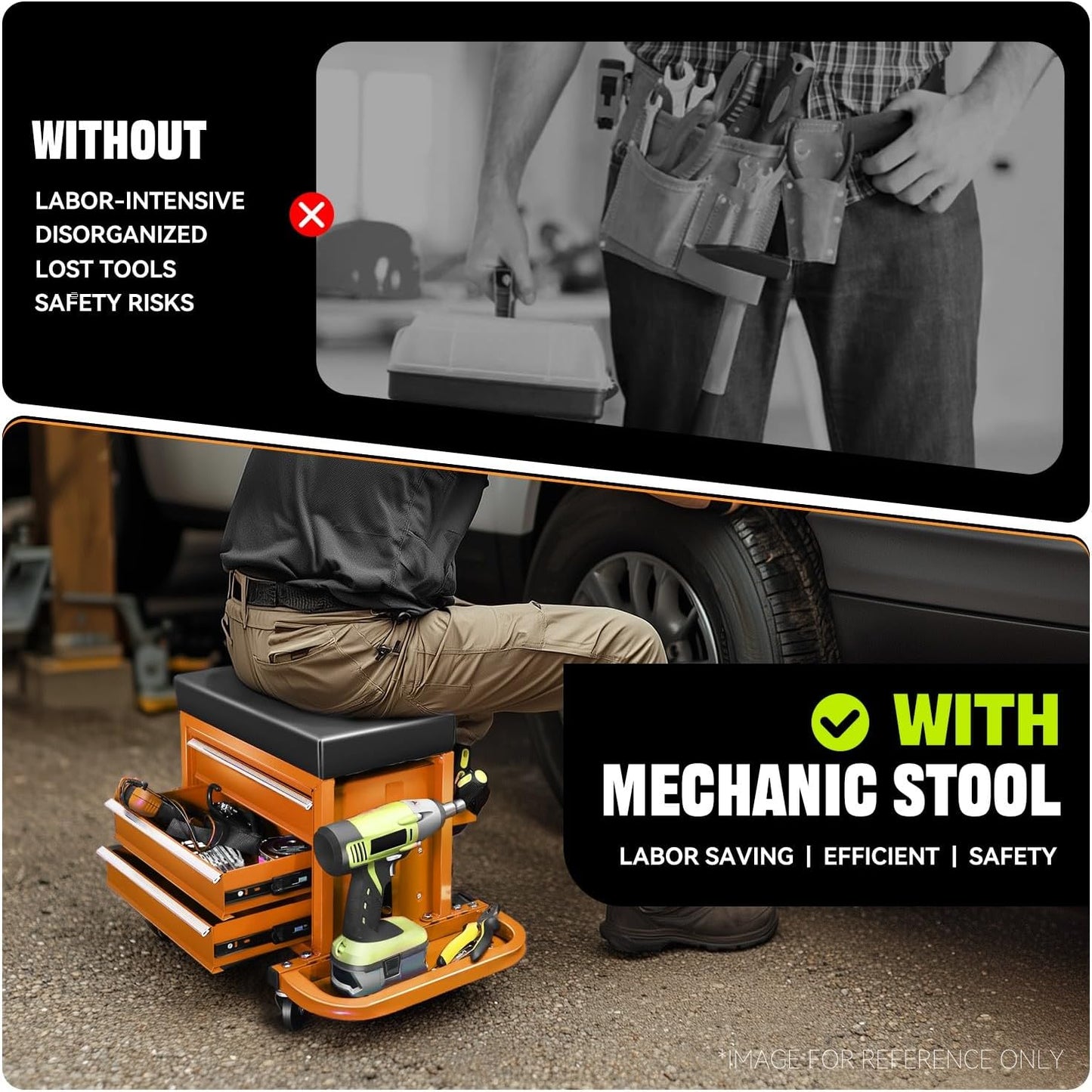 Auto Dynasty 3-Drawer Mechanic Rolling Seat, 350 LBS Capacity Roller Garage Shop Seat with Storage Tool Tray for Workshop, Repair Shop, Warehouse, Orange