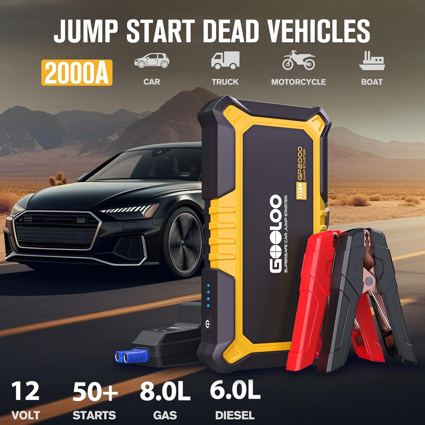 GOOLOO New GP2000 Jump Starter 2000A Car Starter Battery Pack (Up to 8.0L Gas, 6.0L Diesel Engine),12V Car Battery Charger Jumper Starter, Supersafe Portable Lithium Jump Box with USB Quick Charge