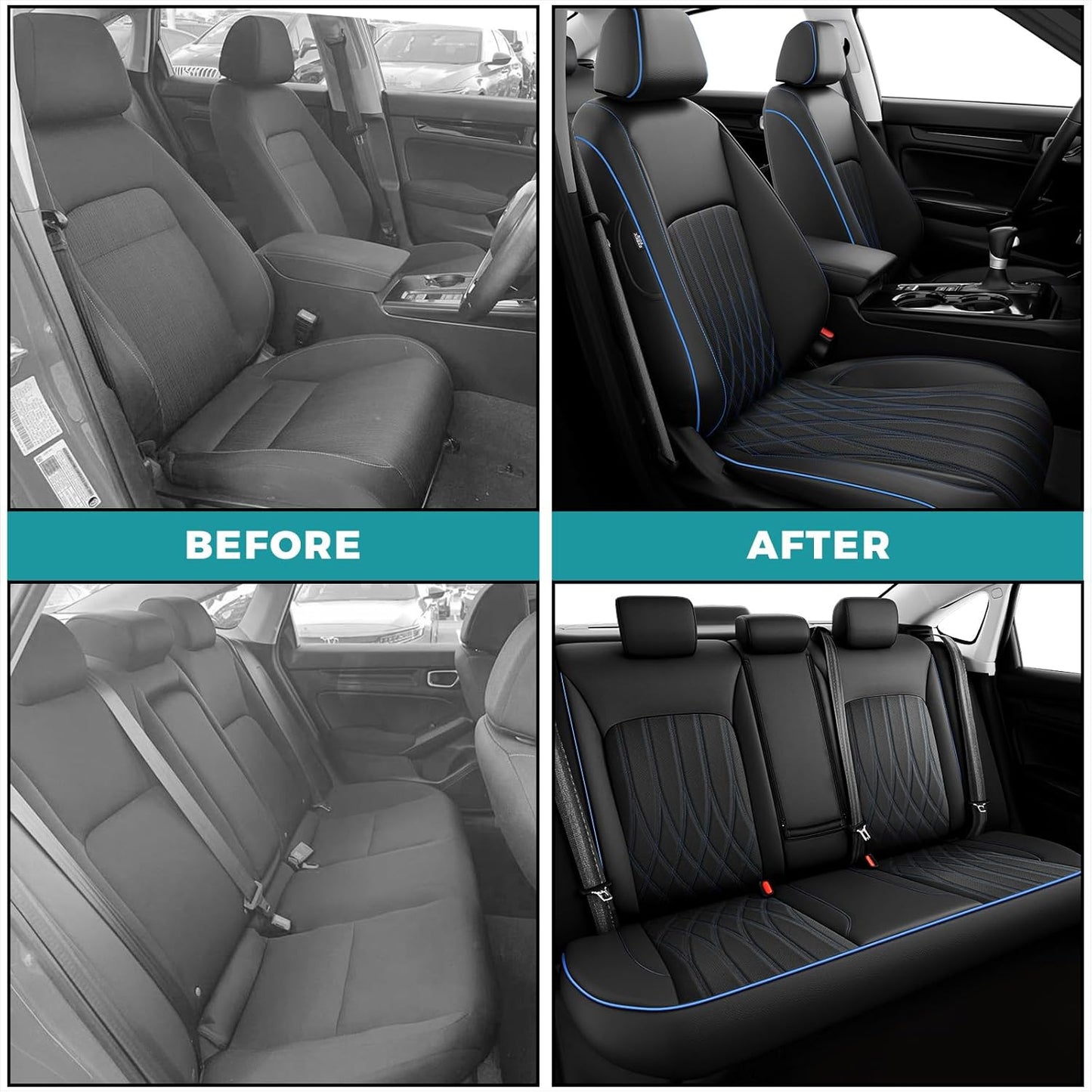 Seat Covers for Honda Civic Hatchback EX, Sport Touring, EXL 2016 2017 2018 2019 2020 2021, Faux Leather Car Seats Cover Full Set(Rear Row 40/60 Split & Folding Backrest)-BlackBlue