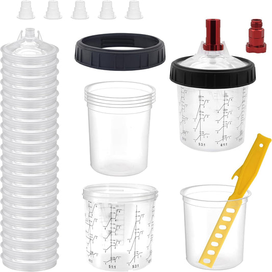 Disposable Paint Cup 20 Ounce (600 ml) Kit - 20 Paint Mixing Cups Liner, 20 Filter Lids, 2 Spray Gun Adapters, 5 Sealing Plugs, 1 Hard Cup，1 Sealing Ring, 1 Stirrer, for Car & DIY Painting