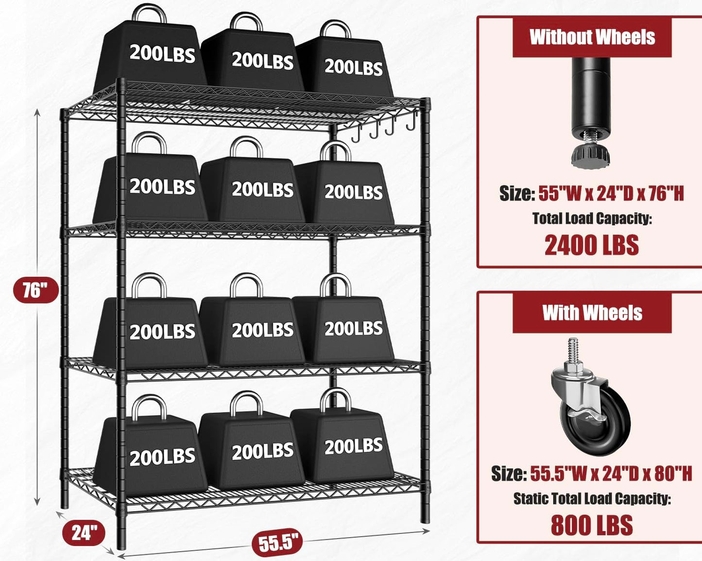 PrimeZone 3 Packs 55.5" W x 24" D x 80" H Heavy Duty Wire Storage Shelves with Wheels, 4 Tier Adjustable NSF Certified Garage Shelving Unit, Rolling Metal Organizer Shelf Rack for Warehouse, Pantry