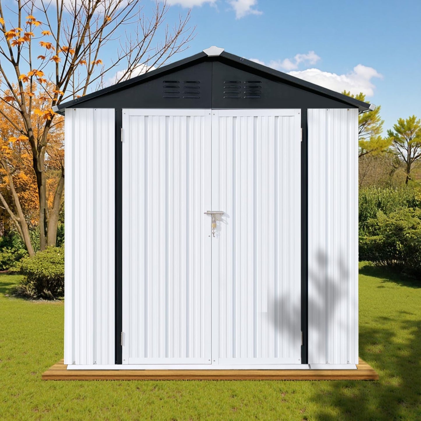 6 x 4 FT Outdoor Storage Metal Shed, Bike Garden Tool Shed with Slooping Roof, Lockable Doors and Aluminum Frames, Shed Easy to Assemble for Garden, Patio, Lawn, White+Black