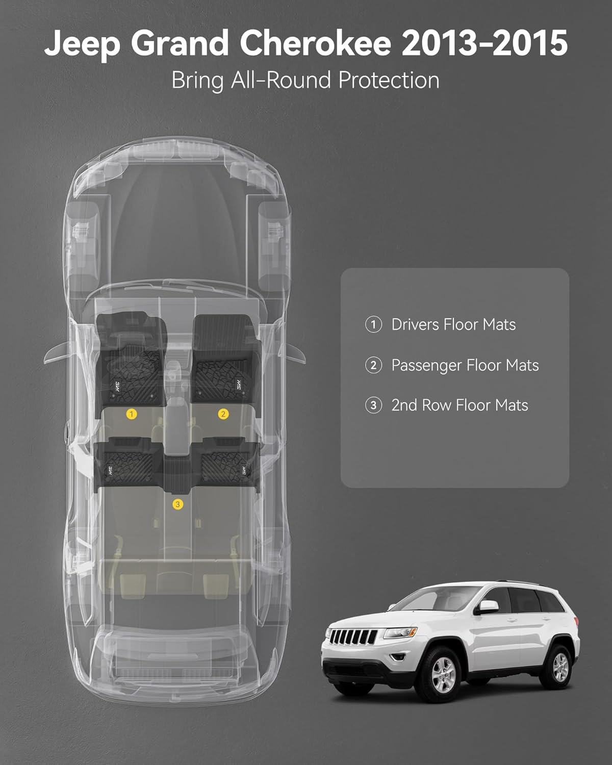 3W Floor Mats Compatible for Jeep Grand Cherokee 2013-2015 (Non L) TPE All Weather Custom Fit Floor Liner 1st and 2nd Row Full Set Car Mats, Black