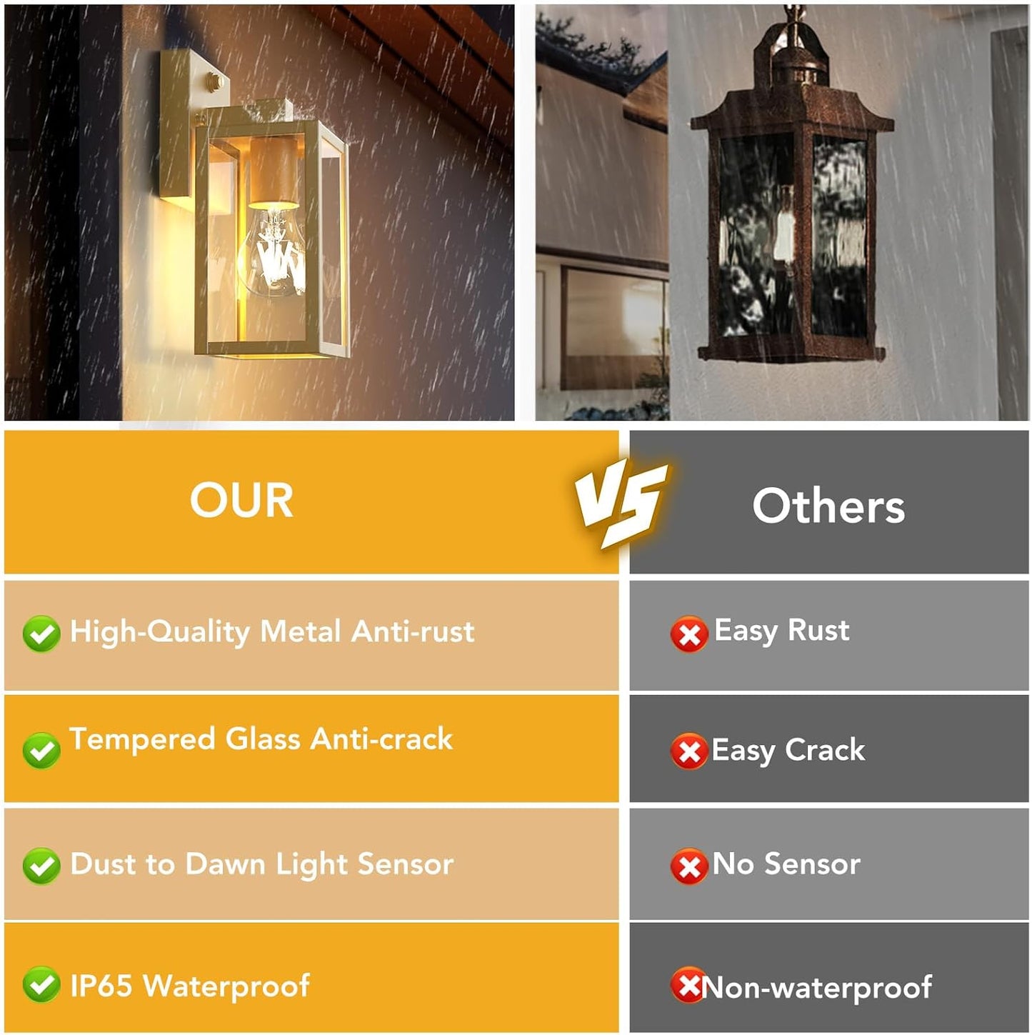 PARTPHONER Dusk to Dawn Outdoor Light Fixtures, 2-Pack Sensor Porch Lights, Waterproof Exterior Wall Sconce Lighting Lamp, Waterproof Wall Lantern for House, Doorway, Garage (Gold)