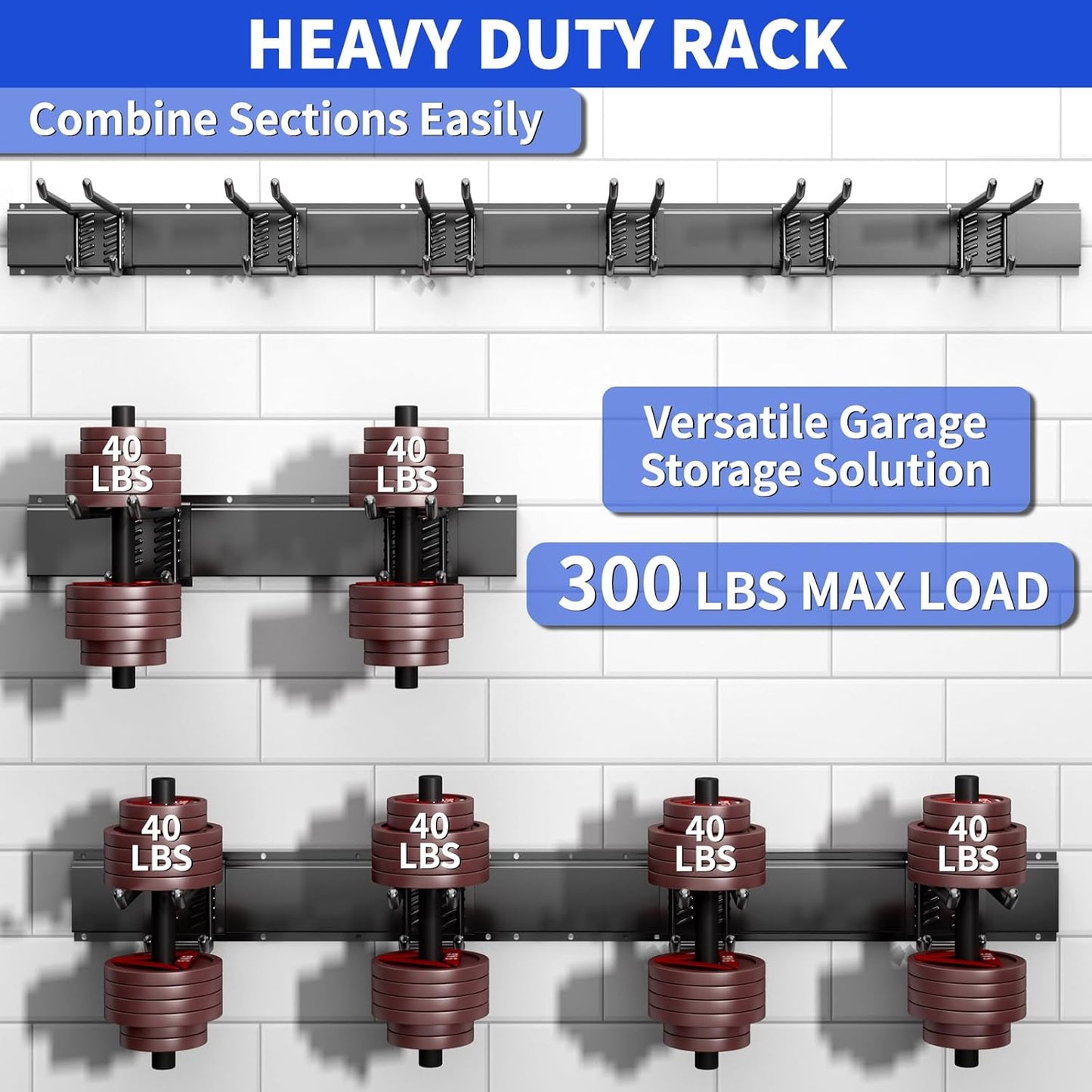 Garage Organization Tool Organizer Wall Mount, 48inch Heavy Duty Garden Tool organizer Storage System, Easy Install With 6 Adjustable Bilayer Hooks, For Garage, Basement, Shed, Workshop(Black)