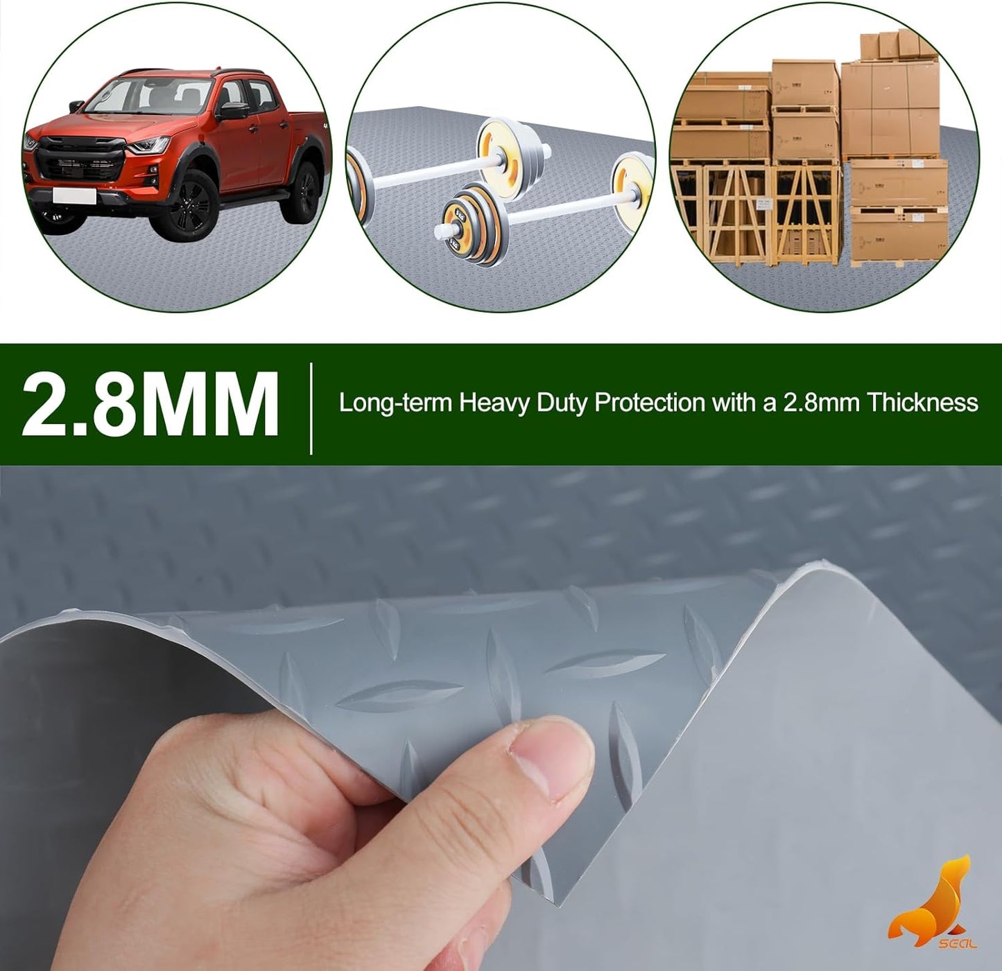 SEAL 4 x 6 Ft Premium Garage Floor Mat, Solid 2.8mm Thick Gray Commercial Grade Heavy Duty Parking Mat for Garage Floor, Golf Cart Parking, Water/Stain Resistant Floor Runner (Embossed Diamond Plate)