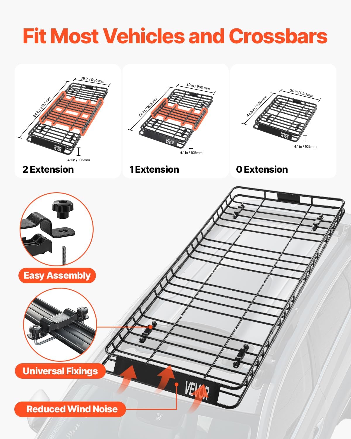 VEVOR Roof Rack Basket, 84 x 39 x 4.1 in, Universal Rooftop Cargo Carrier with 7.9 x 3.9 x 10.2 in Cargo Bag, Net, Ratchet Straps, 250 lbs Max Load Capacity Car Top Luggage Holder, for SUV Truck Car