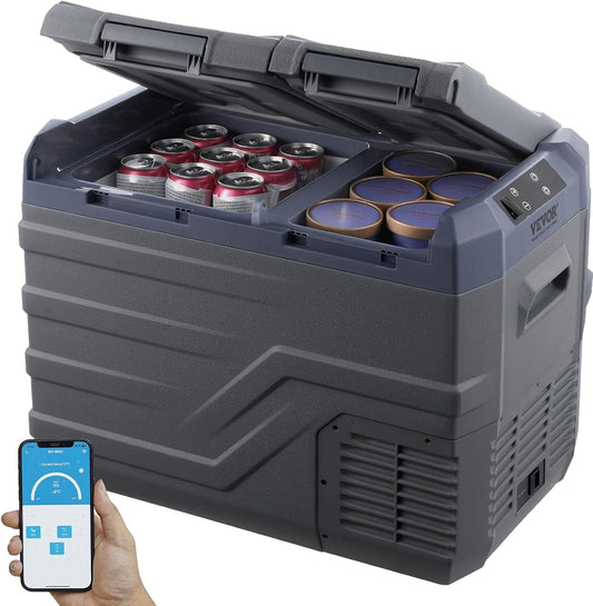 VEVOR NLS45, 12 Volt Car Refrigerator Fridge, 32 L Dual Zone Portable Freezer, -4℉-68℉ Adjustable Range, 12/24V DC and 100-240V AC Compressor Cooler for Outdoor, Camping, RV, Bule and grey