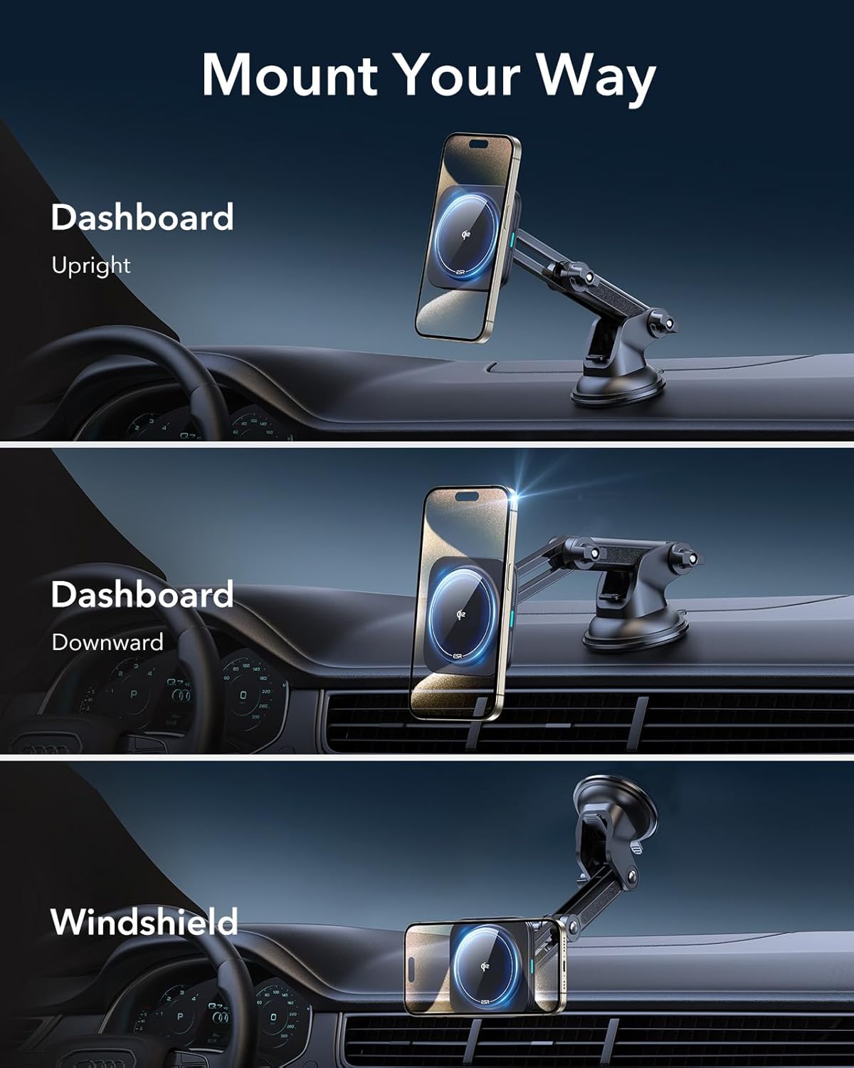 ESR for Qi2 15W MagSafe Car Mount Charger, Qi2-Certified MagSafe Car Charger, Dashboard/Windshield Magnetic Wireless Car Charging, Car Phone Mount for iPhone 16/15/14/13/12, S25, Fast Charging, Black