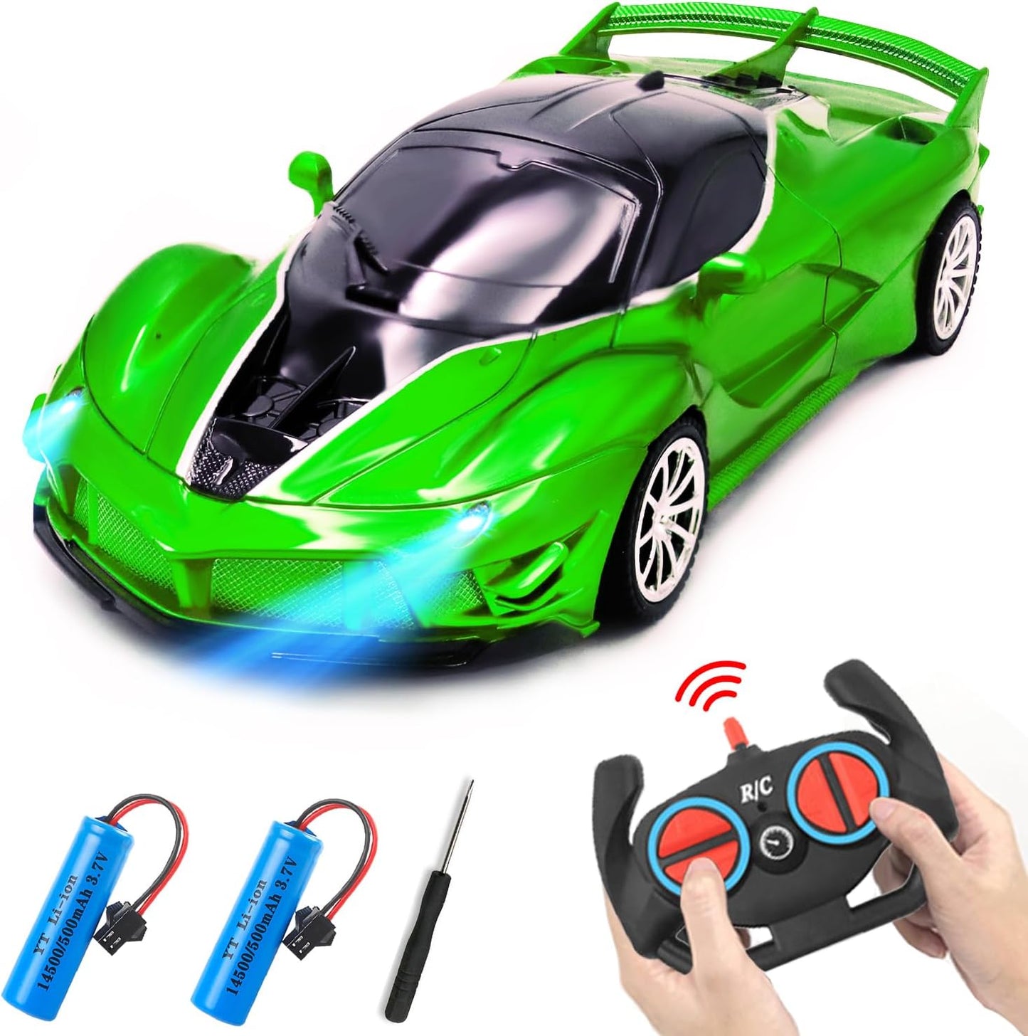 RC Cars - Remote Control Car for Kids, 2.4GHz Sport Racing Hobby Electric High Speed Drift Model Vehicle with Led Headlight and 2 Controller Rechargeable,Toys Car for Boys Age 4-7 8-12(Green)