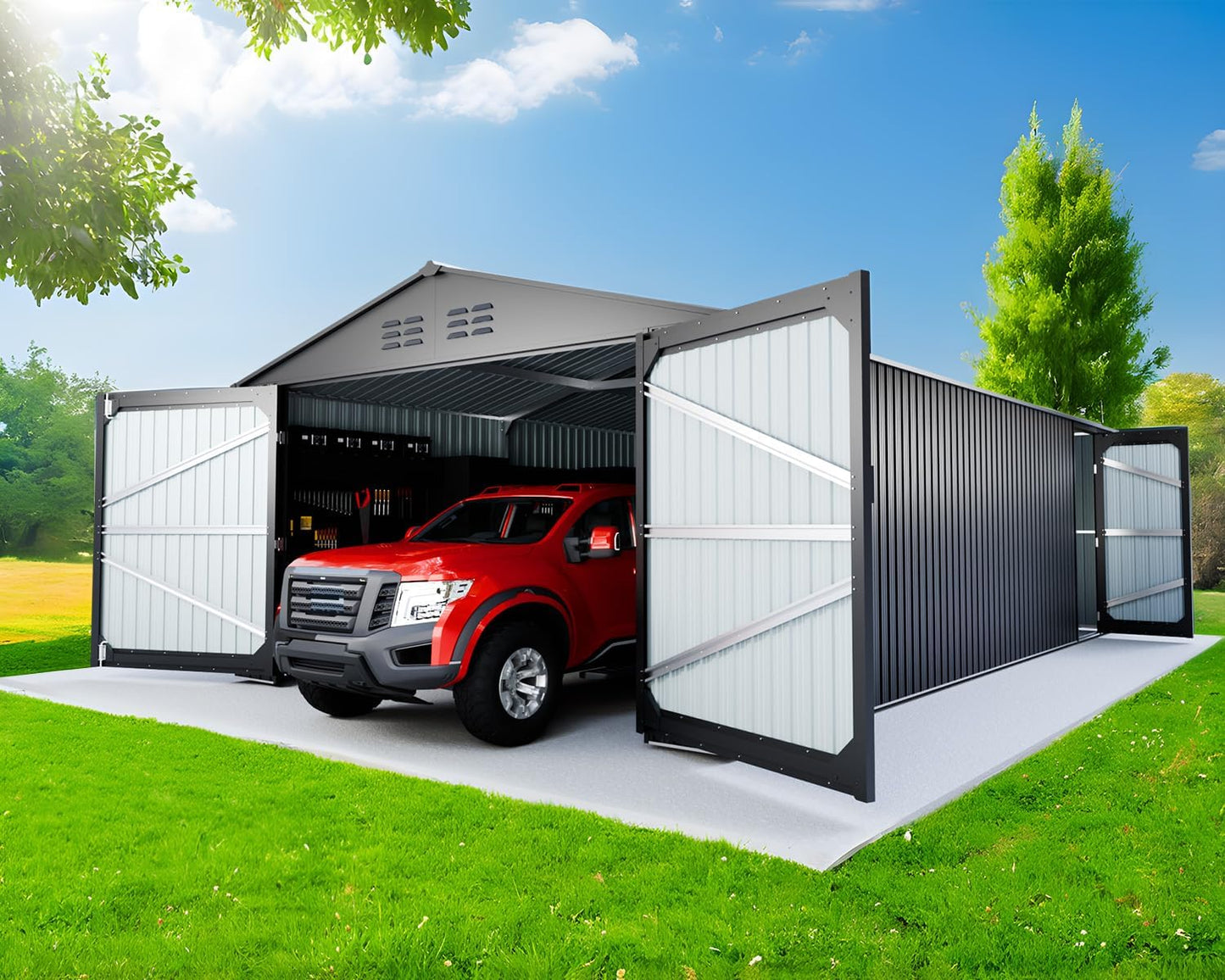 20 x 13 FT Outdoor Storage Shed, Large Metal Garden Shed with 2 Lockable Doors, Tool Shed Outdoor Storage with 4 Air Vents, Garage Shed Waterproof for Car, Truck, Bike, Garbage Can, Tool, Black