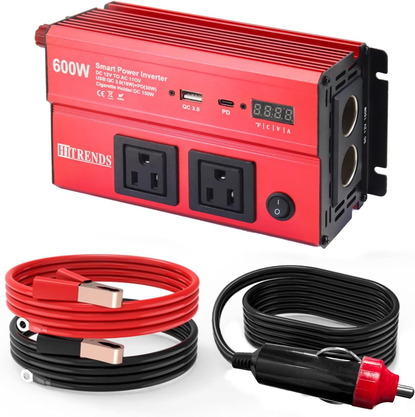 HITRENDS 600W Car Inverter, 12V DC to 110V AC, with 2 AC outlets, USB QC (18W) and Type-C (30W), Perfect for Camping, RVs, laptops, CE, FCC, ROHS Certified