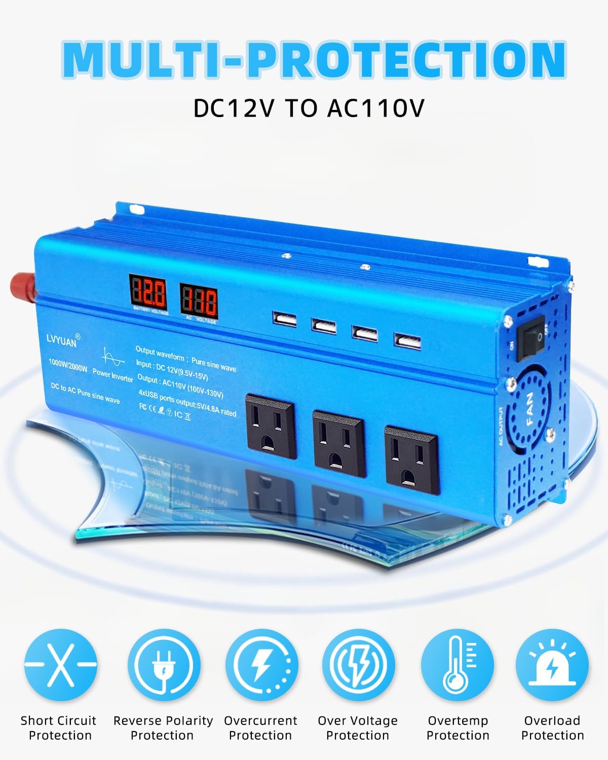 LVYUAN 1000 Watt Pure Sine Wave Inverter 12V to 110V 120V DC to AC with LED Display, 3 U.S. Outlet, USB Charger Ports, Car Power Inverter for Vehicles, RV, Outdoor, Home