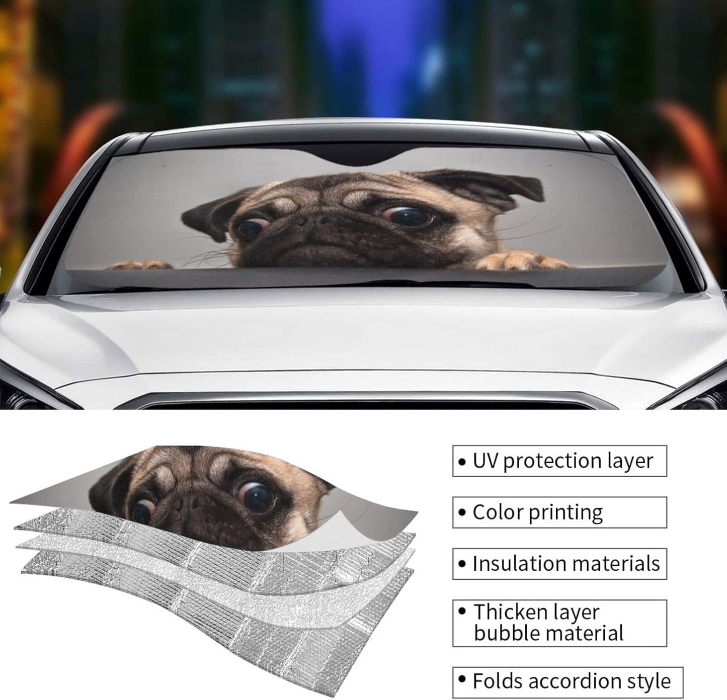 Pug Dog Car Windshield Sunshade Front Window Sun Visor Protector Foldable Shield Cover for Truck SUV