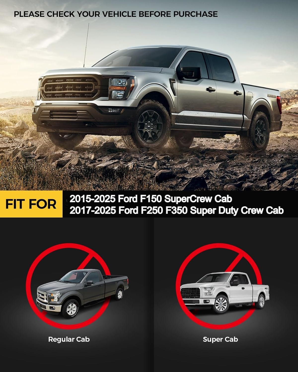 KYX Running Boards for 2015-2025 Ford F150 SuperCrew Cab/ 2017-2025 Ford F250 F350 SuperDuty Crew Cab, 6 inches Side Steps Nerf Bars Truck Step Rails-Silver Logo