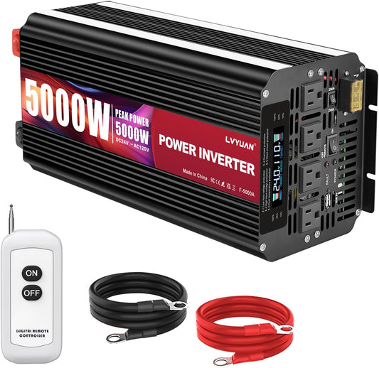 LVYUAN 5000 Watt Power Inverter 24V to 110V 120V for Vehicle, Solar Inverter System, Heavy Duty, RV, Truck, Off Grid,Camping with 4 AC Outlets, LCD Display, Wireless Remote Control, Car Power Inverter