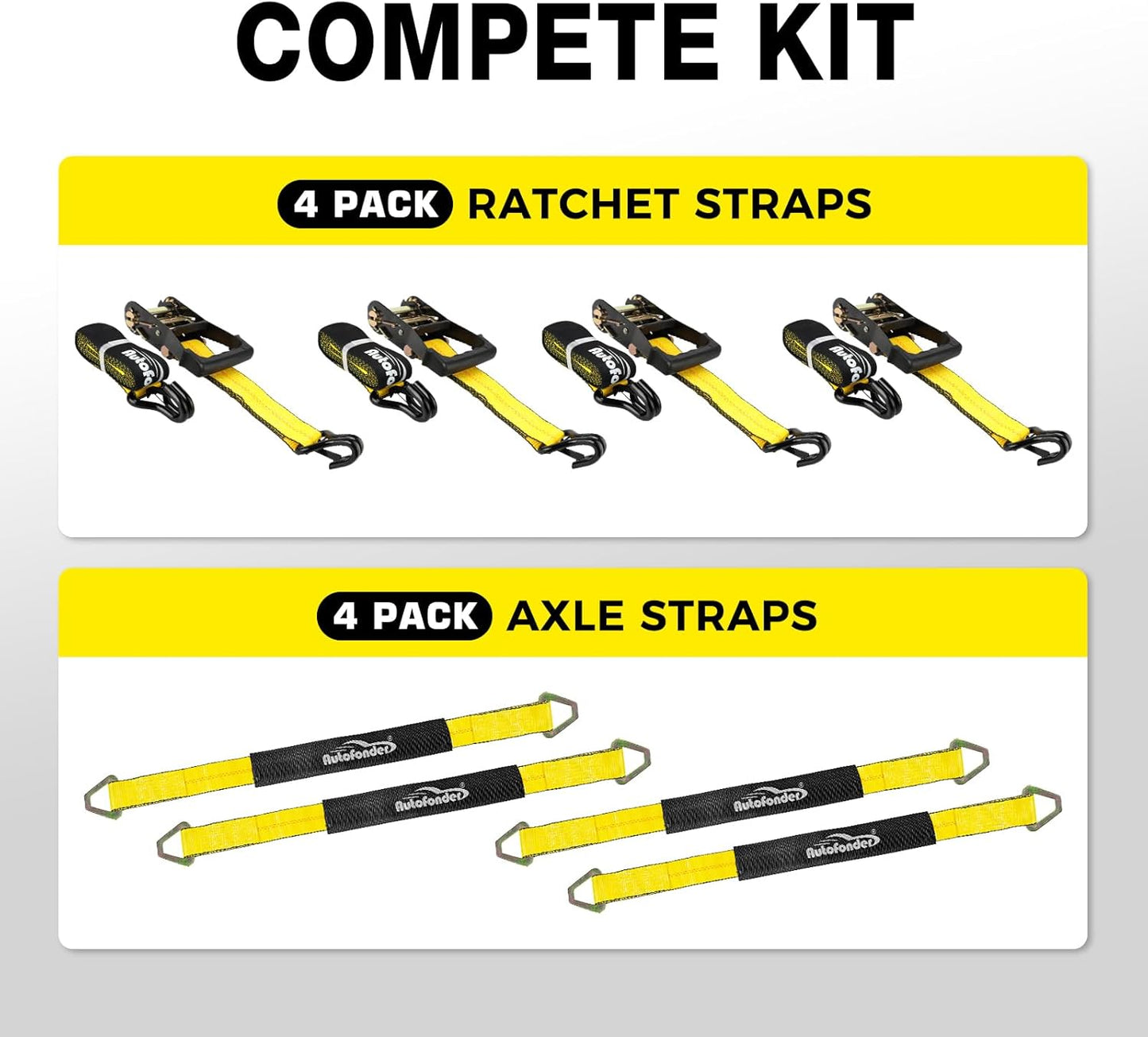 Car Tie Down Straps for Trailers 2inch x10ft - J Hooks with Safety Clips(10,000 Lbs Break Strength)-4 Pack Heavy Duty Vehicle Hauler Strap Tire Ratchet Straps with Axle Straps for Truck Utv Trailer