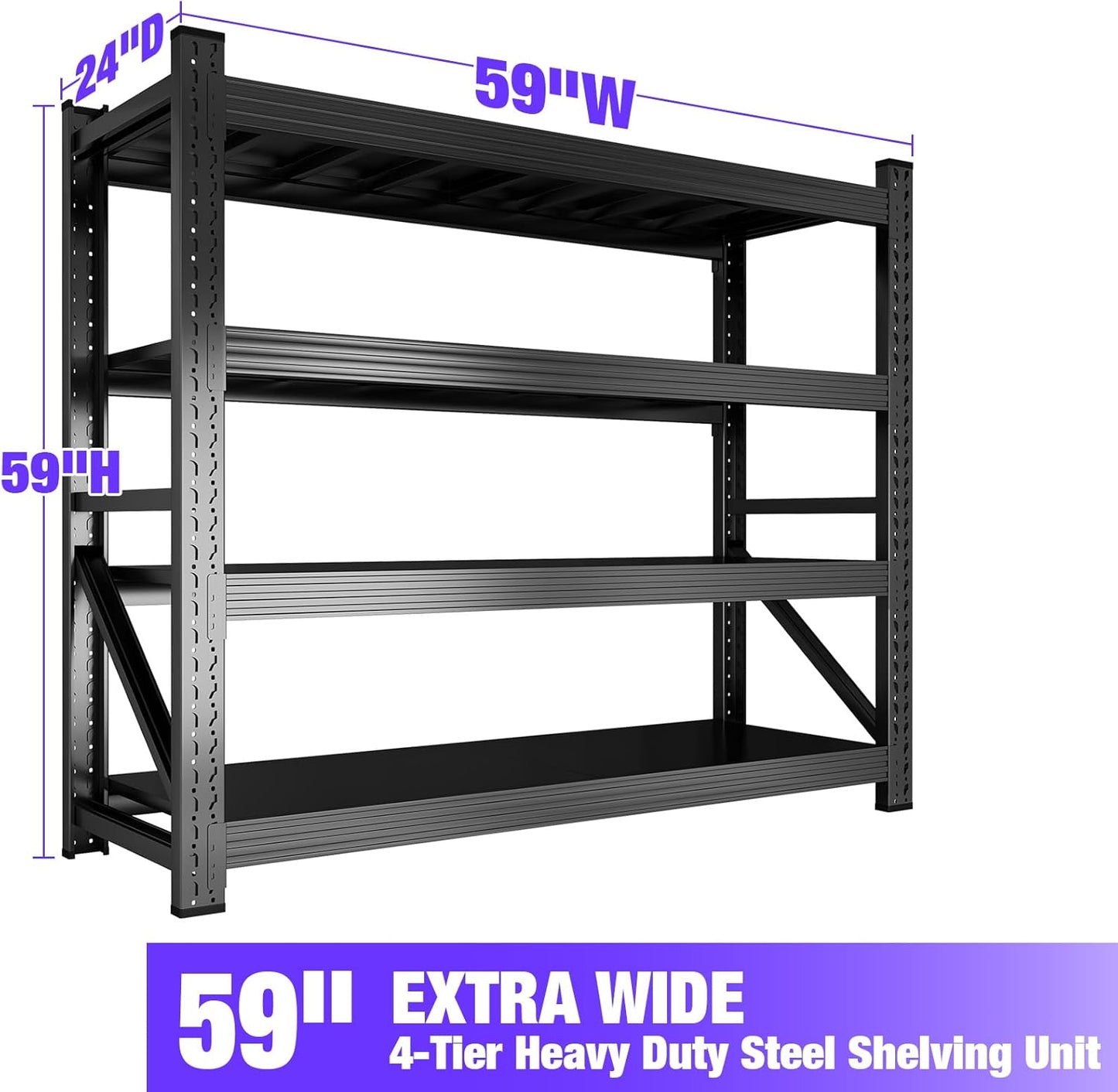 Metal Garage Shelving Heavy Duty, 4-Tier Adjustable Wire Storage Garage Shelves, 6000 LBS Loads Industrial Shelving Units for Garages, Warehouses, Kitchen, Black, 59" W x 24" D x 59" H, 2 Pack