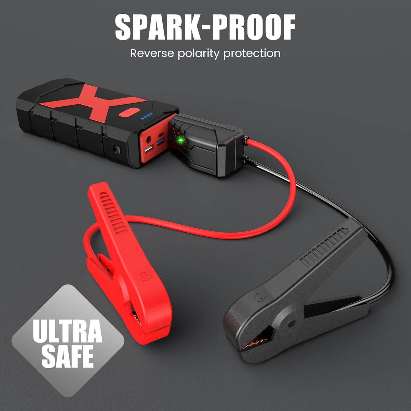 BOOKOO Jump Starter 2000A for Car/Boat/Lawnmower(8.0L Gas/6.5L Diesel Engine) Portable 12V Car Battery Jump Starter with Cables,Wall Charger,USB 3.0 Fast Charging,16V DC Output,3 LED Modes