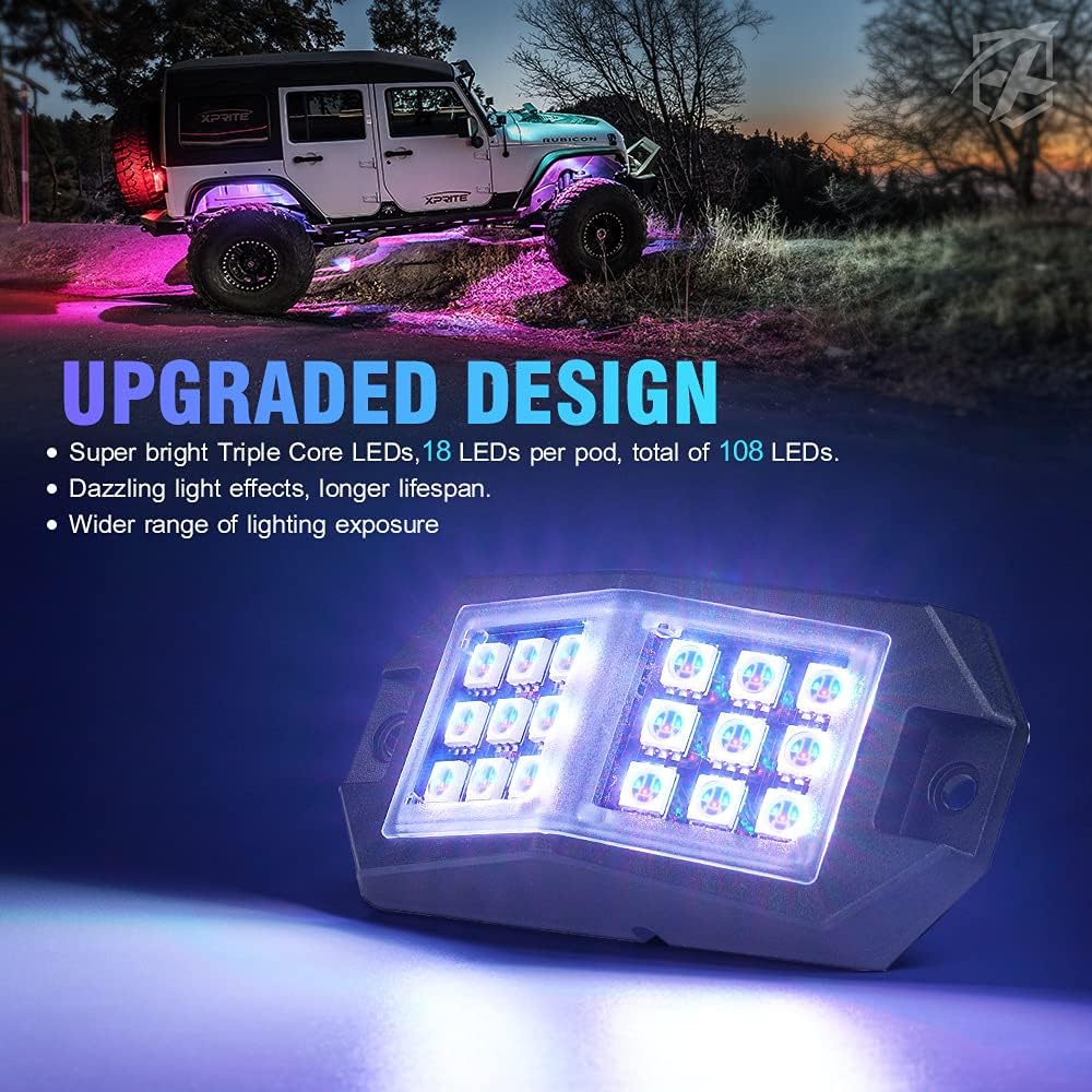 Xprite Jeep Rock Lights 10 Pods Wide Angle Bluetooth RGB LED Rocklights Kit, Multicolor Neon Lighting Footwell Underglow Kits w/Wireless Remote, Compatible Off-Road Trucks Cars UTV ATV SUV RZR