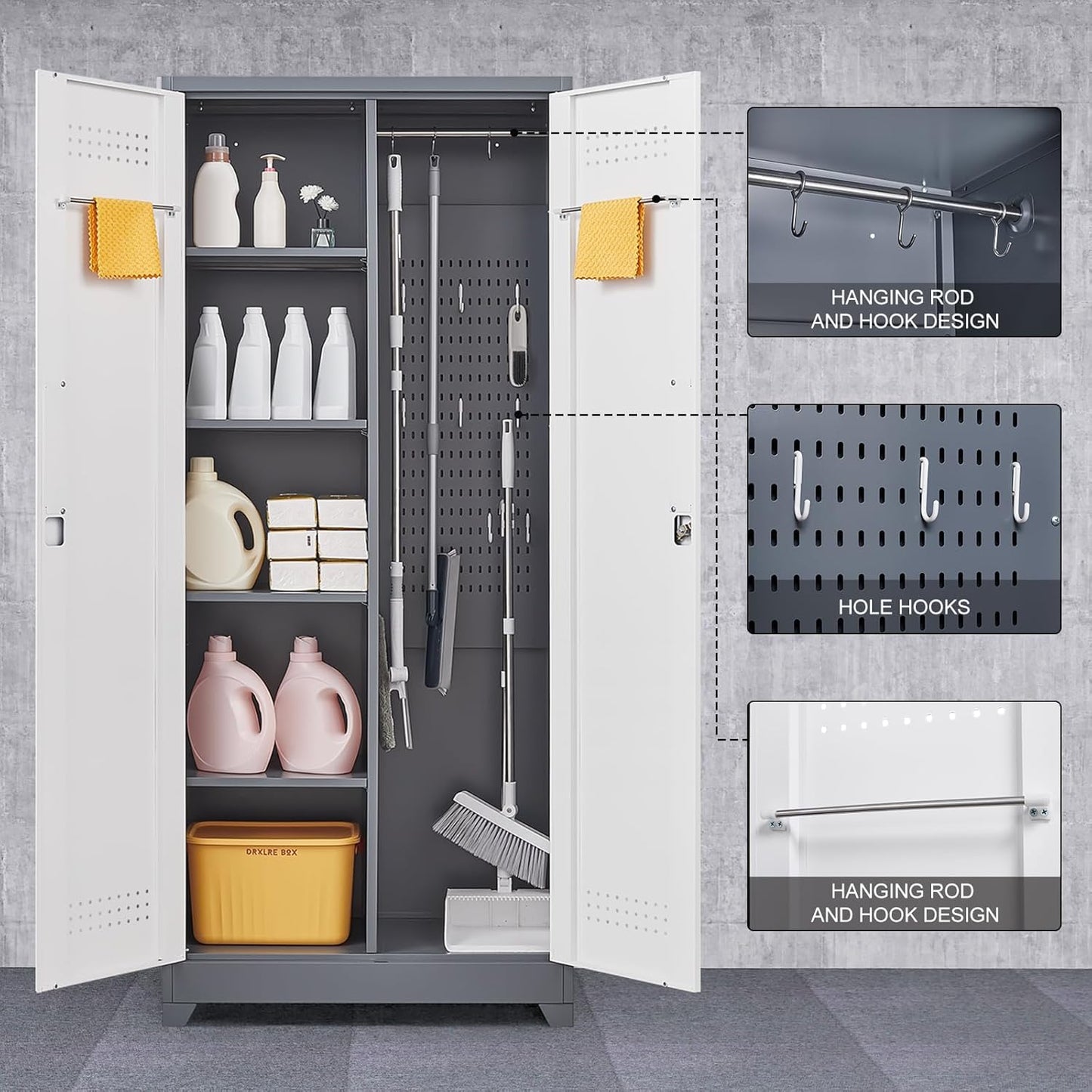 GREATMEET 72.8" Broom Storage Cabinet, Utility Cabinets for Brooms and Mops, Metal Storage Cabinets for Cleaning Supplies, Utility Closet for Garage, Grey&White