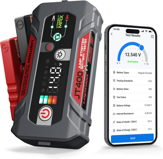 JT400 Jump Starter and Battery Tester, 2500A 12V Car Jumper Starter Portable (8.5L Gas/6.5L Diesel Engines), 100-2000 CCA Bluetooth Car Battery Tester Alternator Tester, Smart Digital Screen