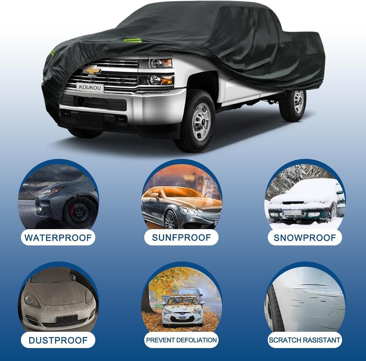 KouKou Truck Cover Waterproof All Weather, 7 Layers Heavy Duty Pickup Cover Outdoor, Length up to 210 inches,Universal Fit Truck Short Regular Bed Ford F150,F100,Chevy C10 S10 etc.
