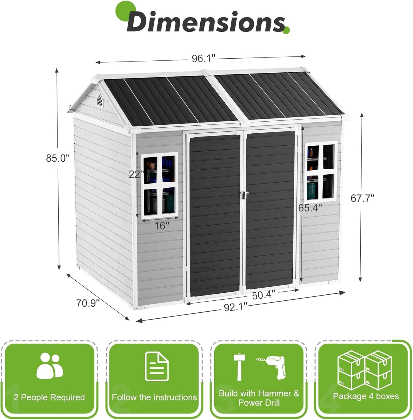 8x6 Shed Plastic Outdoor Storage with Floor Included, Waterproof Lockable Garden Shed Resin Tool Shed Cabinet
