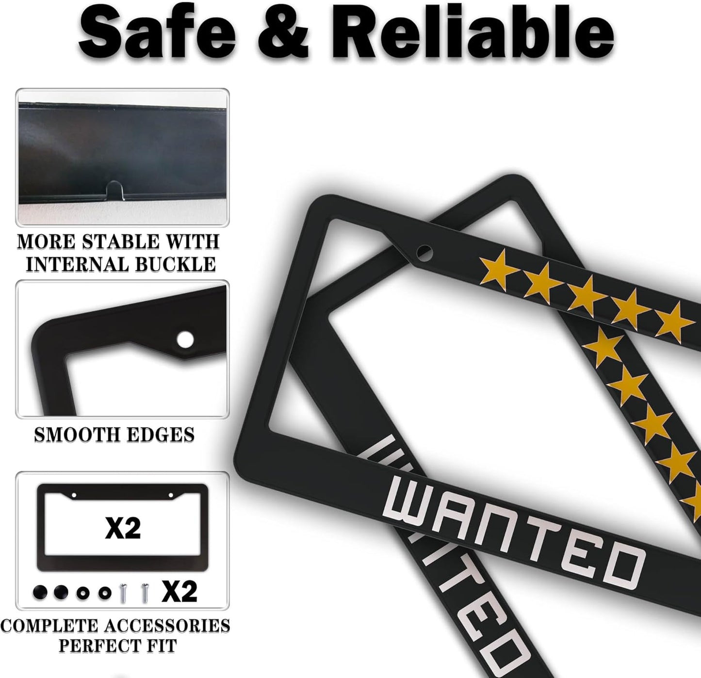 License Plate Protector Black, White, Yellow License Plate Frames Wanted Universal Aluminum Car Accessory 2 Pack with Screw Covers Set