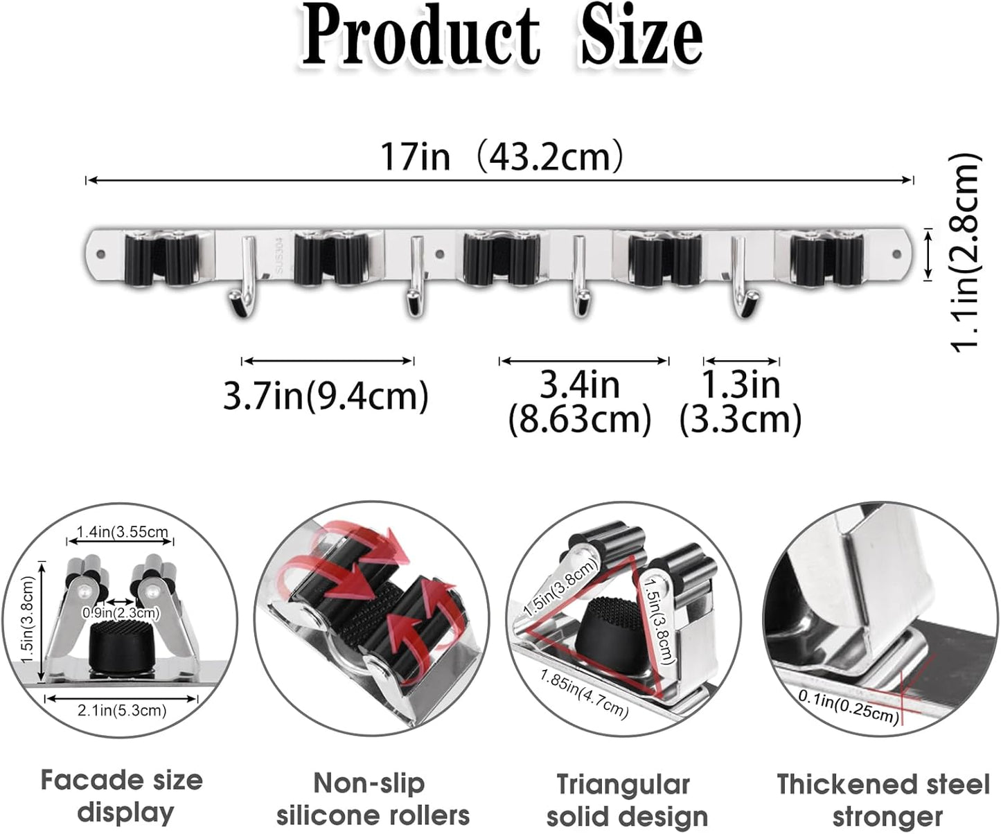 2 Pack Mop and Broom Holder Wall Mount, 5 Racks and 4 Hooks Broom Organizer Storage Tool Racks Stainless Steel Heavy Duty Hooks Self Adhesive Solid Non-slip for Home Kitchen Garden Laundry Garage