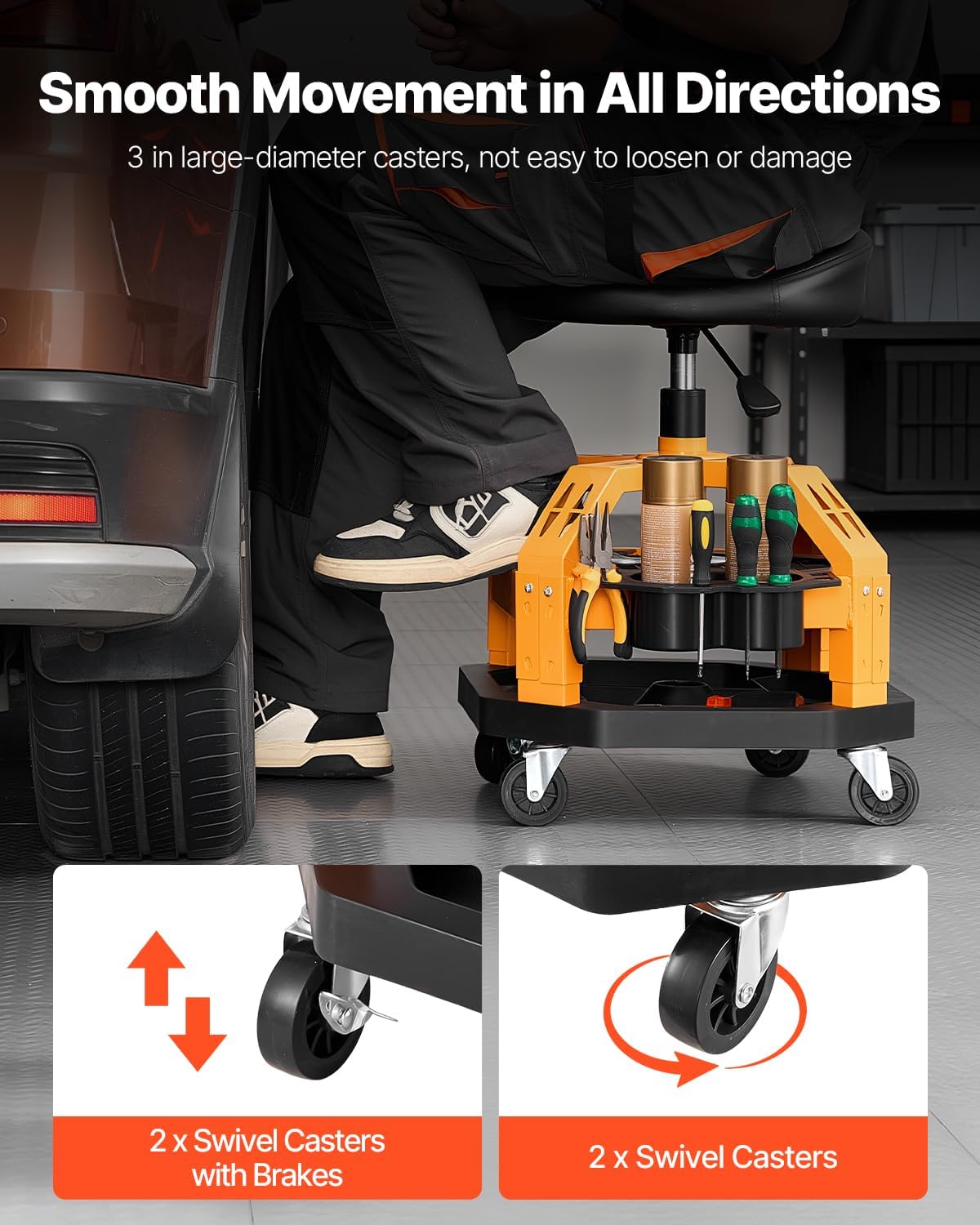 VEVOR Garage Stool, Rolling Mechanic Stool with Dual Storage Trays, Pneumatic Height 23.6–29.5 in, Soft Waterproof Cushion, 360° Swivel Casters for Garage, Shop & Auto Repair