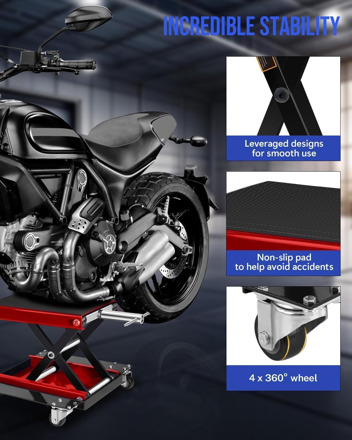 Heavy Duty 1100LBS Motorcycle Scissor Lift Jack with Dolly Wheels, Hand Crank & Non-Slip Platform - Adjustable Bike Lift Stand for Cruiser, Dirt Bike, ATV - Foldable,Garage Repair Equipment