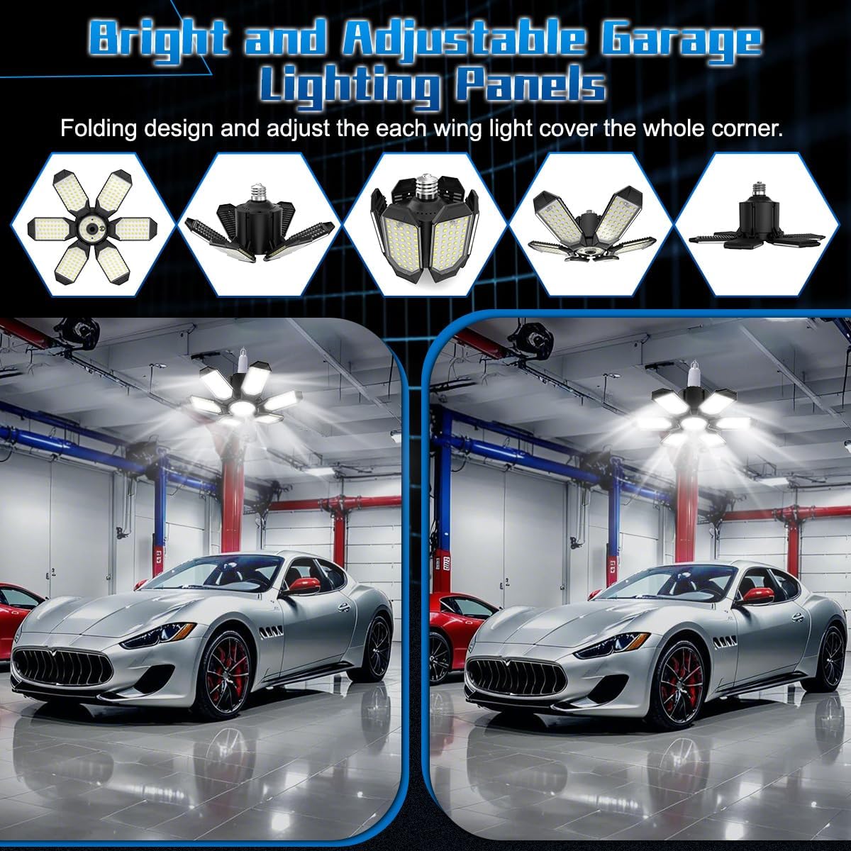 Garage Light Bulbs - Garage Lights Led Screw into Bulb Socket with 6 Deformable Panels 6500K Basement Light Fixture E26 Base Led Shop Lights for Basement Workshop Warehouse Attic - 4Pack