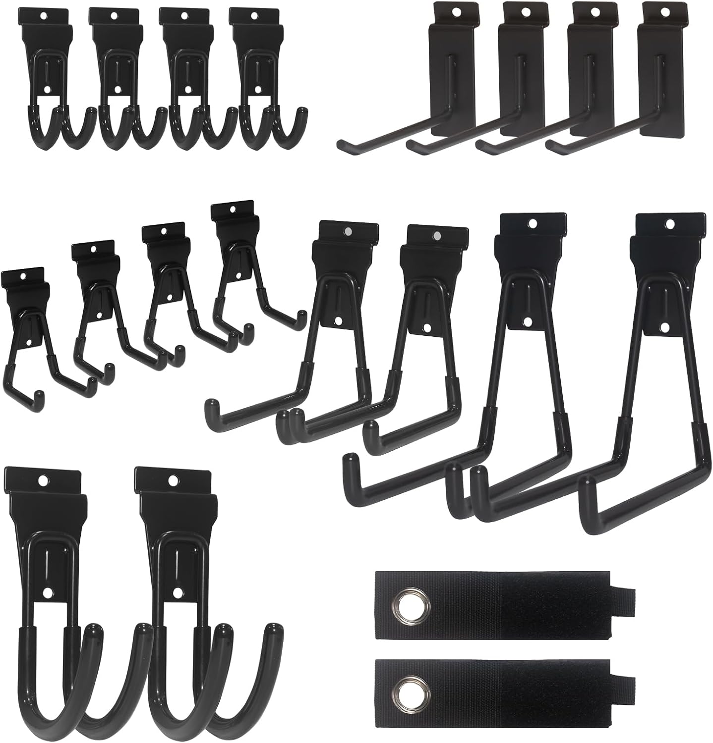NeatiEase 20 PCS Slatwall Accessories Kit for Garage Rooms Shops Storage Organizing Display, Slat Wall Accessory Includes 18 PCS Multisized Heavy Duty Slatwall Hooks and 2 Pack Velcro Straps